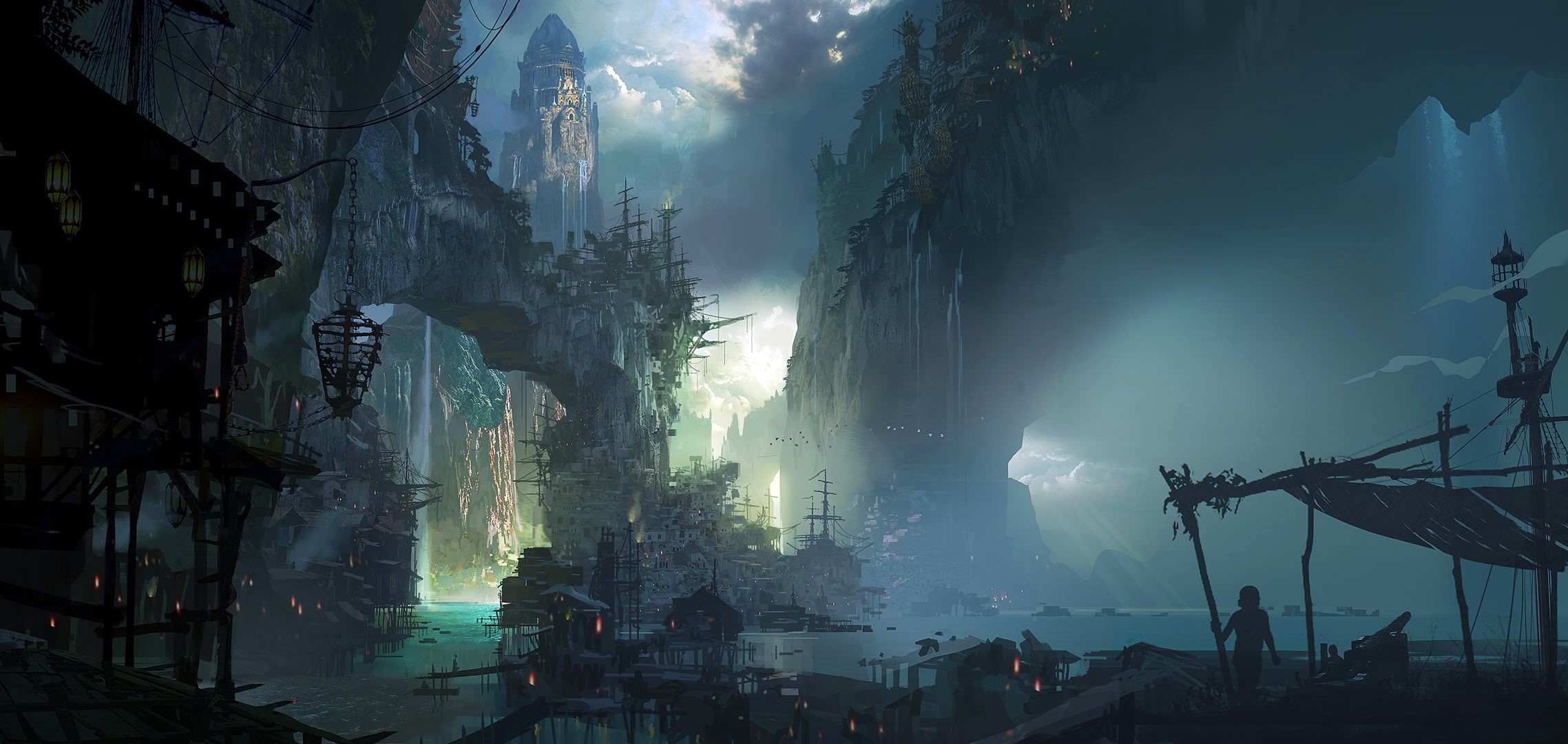 buildings, waterfall, fantasy art, rocks, 1080P, houses, Bilgewater, rock, castle, huts, mount, harbor, fantasy city, sailing ship, artwork, fantasy, game, HD Wallpaper