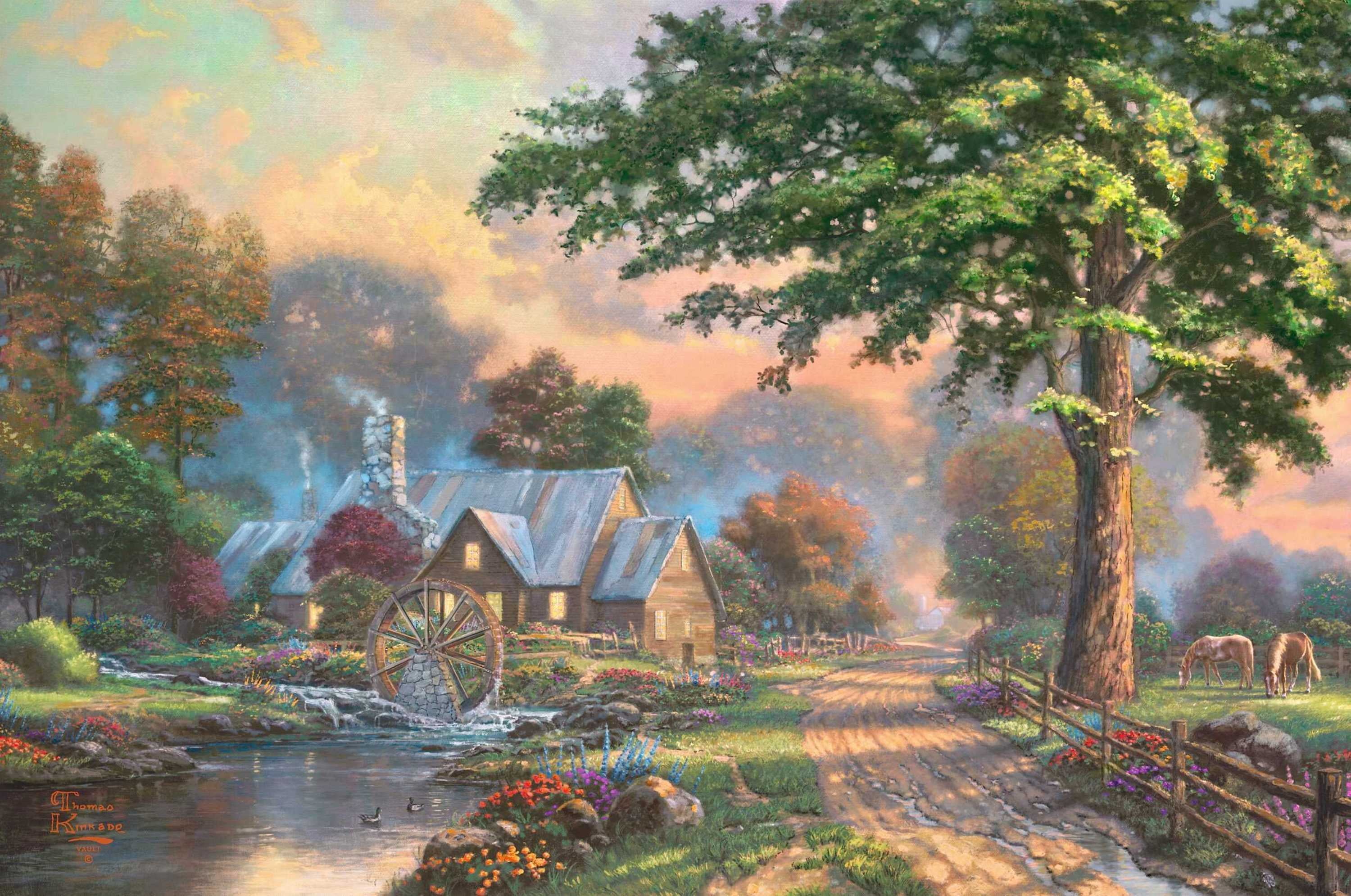 painting, season, tree, tranquility, farm, autumn, built structure, no People, agriculture, multi Colored, scenics, landscape, stream, building exterior, HD Wallpaper