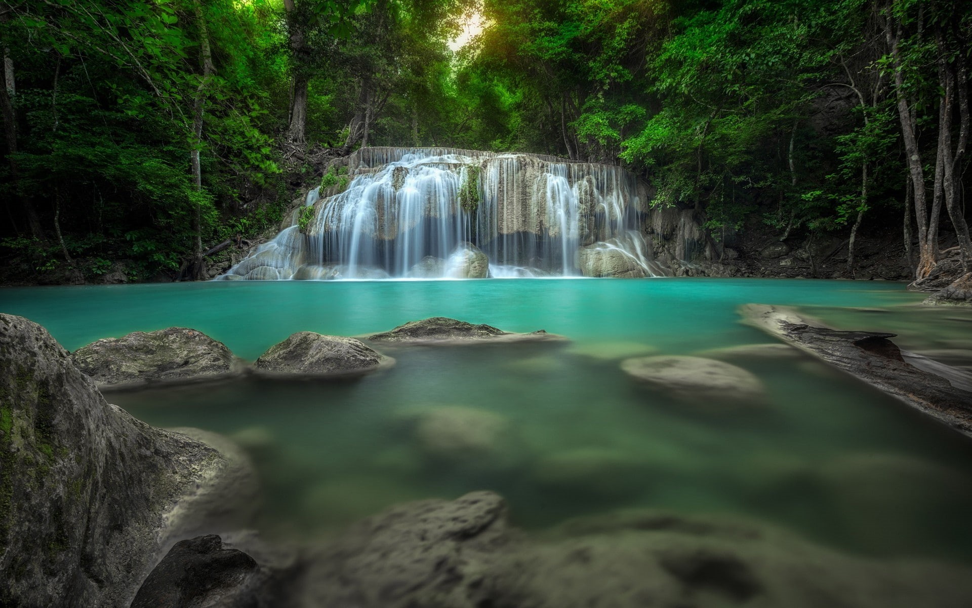 landscape, waterfall, turquoise, 1080P, tropical, green, pond, forest, nature, thailand, HD Wallpaper