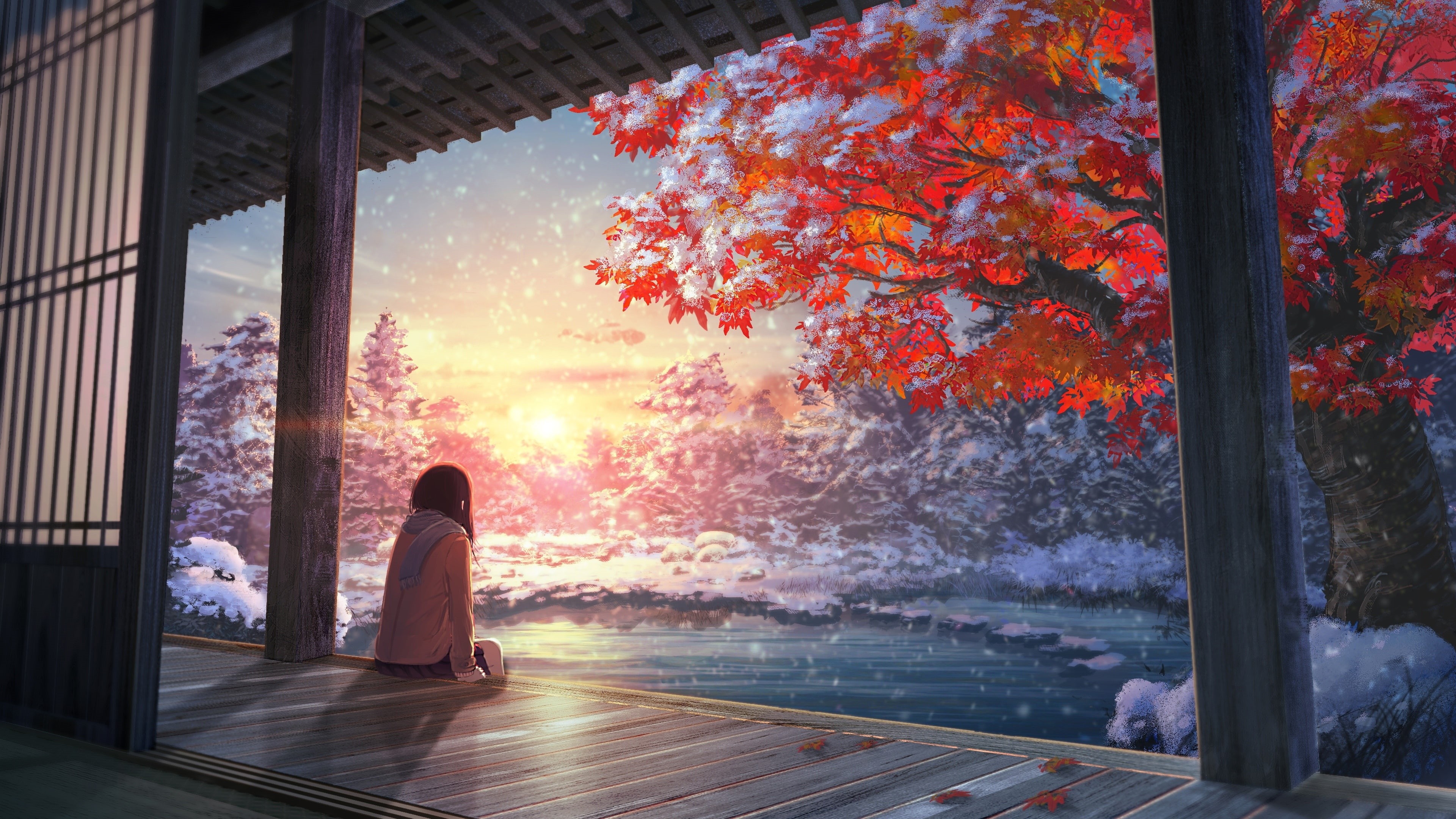 anime art, anime girl, early snow, sunlight, autumn, tree, 4K, red tree, pond, HD Wallpaper