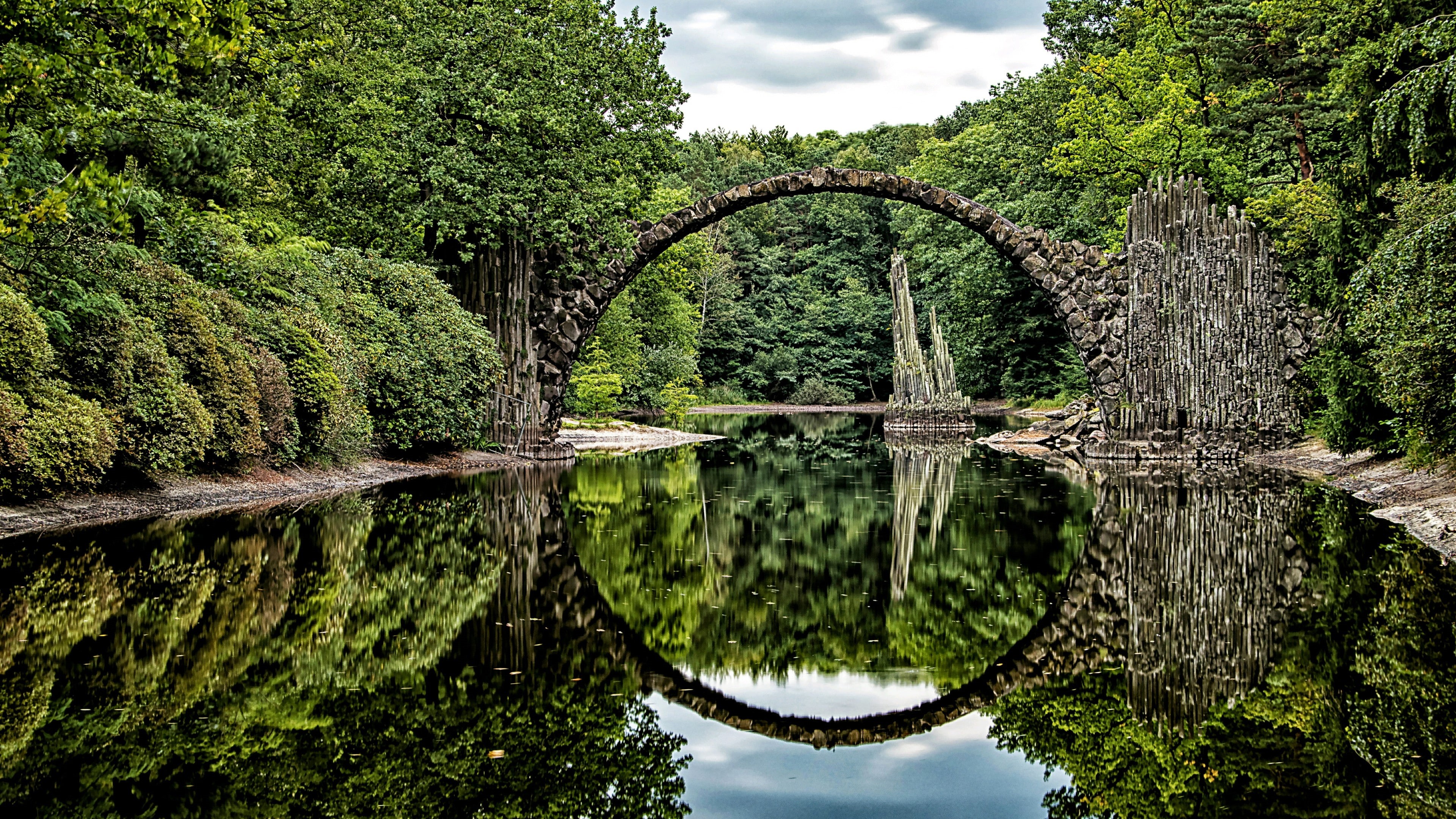lake, green, nature, 4K, azalea and rhododendron park, bridge, kromlau, reflection, park, tree, water, pond, HD Wallpaper