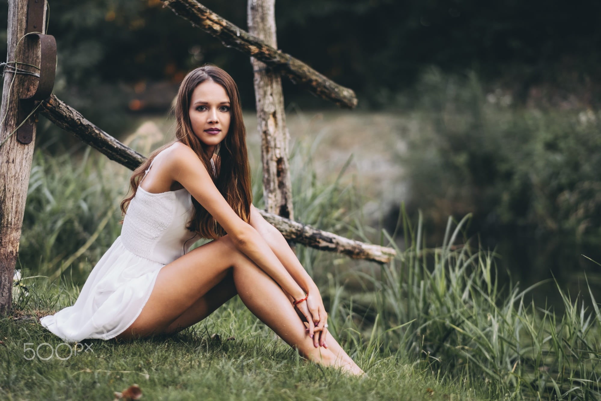 depth of field, hair, clothing, tree, upskirt, plant, women, hairstyle, leisure activity, barefoot, land, looking at camera, reeds, sitting, beautiful woman, HD Wallpaper