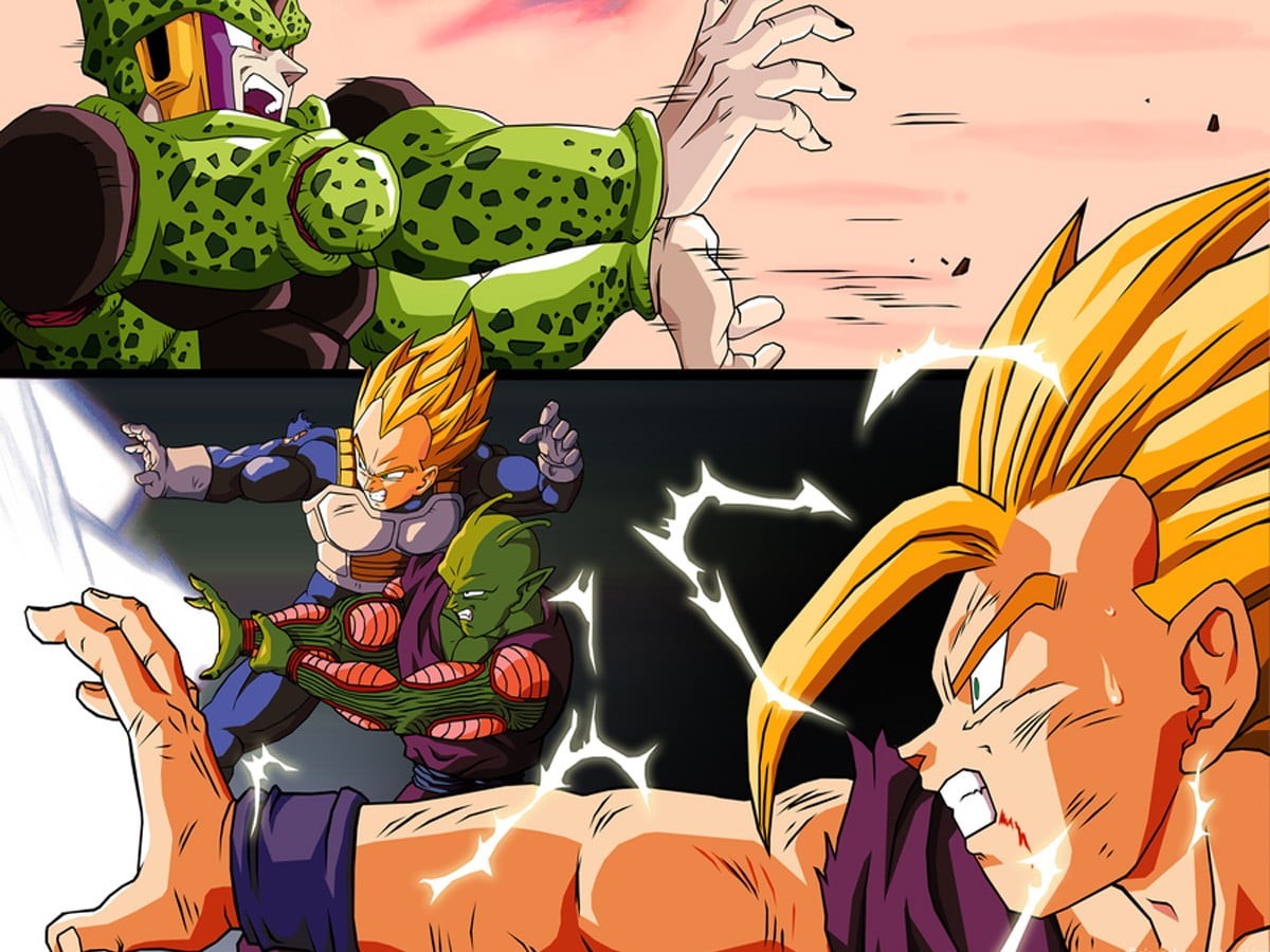 Cell (character), male likeness, mammal, communication, anime, Gohan, 480P, yellow, dragon, z, nature, connection, Dragon Ball, art and craft, HD Wallpaper