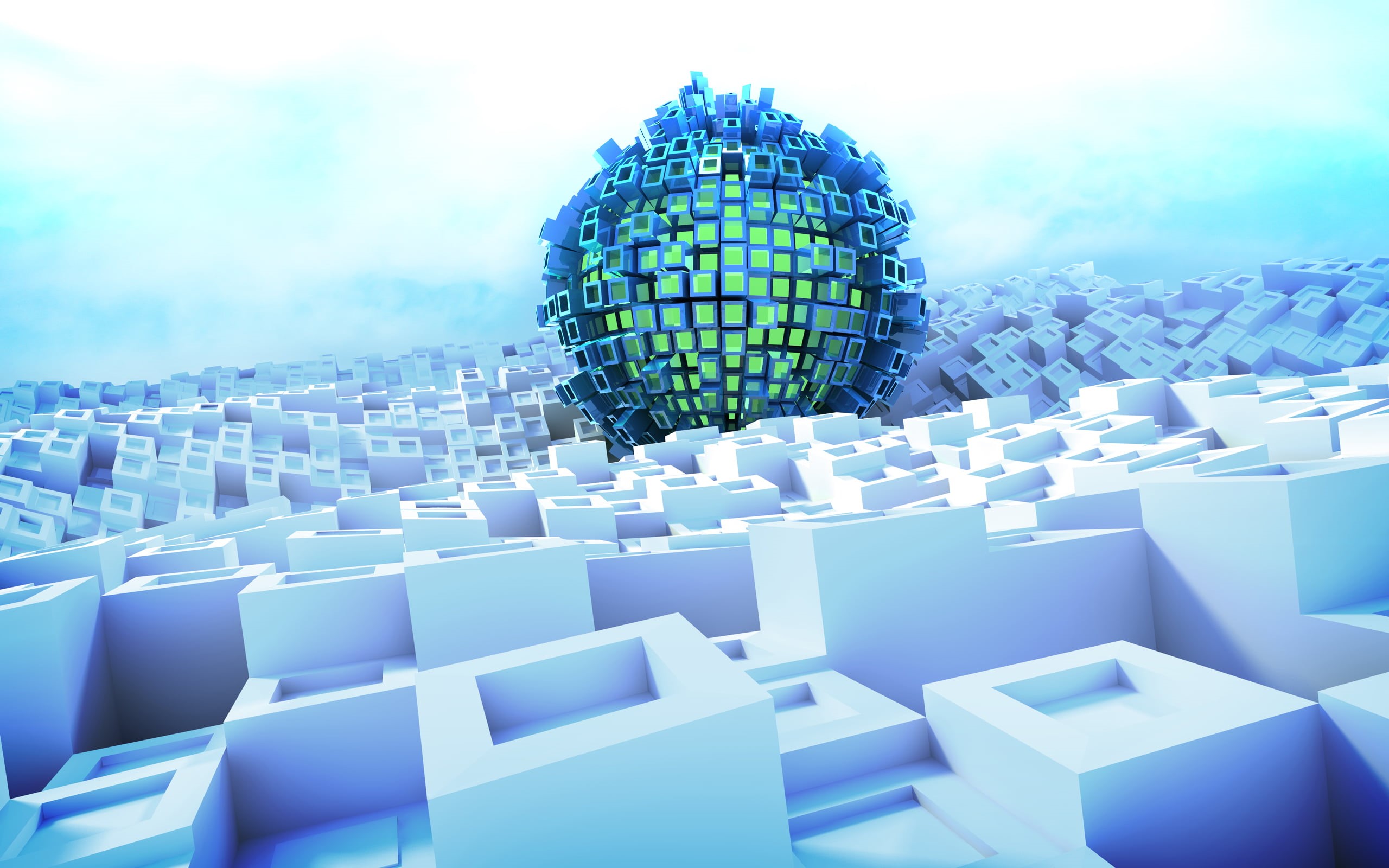 skyscraper, sky, indoors, futuristic, cloud - sky, sphere, city, digital art, geometric Shape, day, built Structure, architecture, CGI, cube Shape, three-dimensional Shape, HD Wallpaper