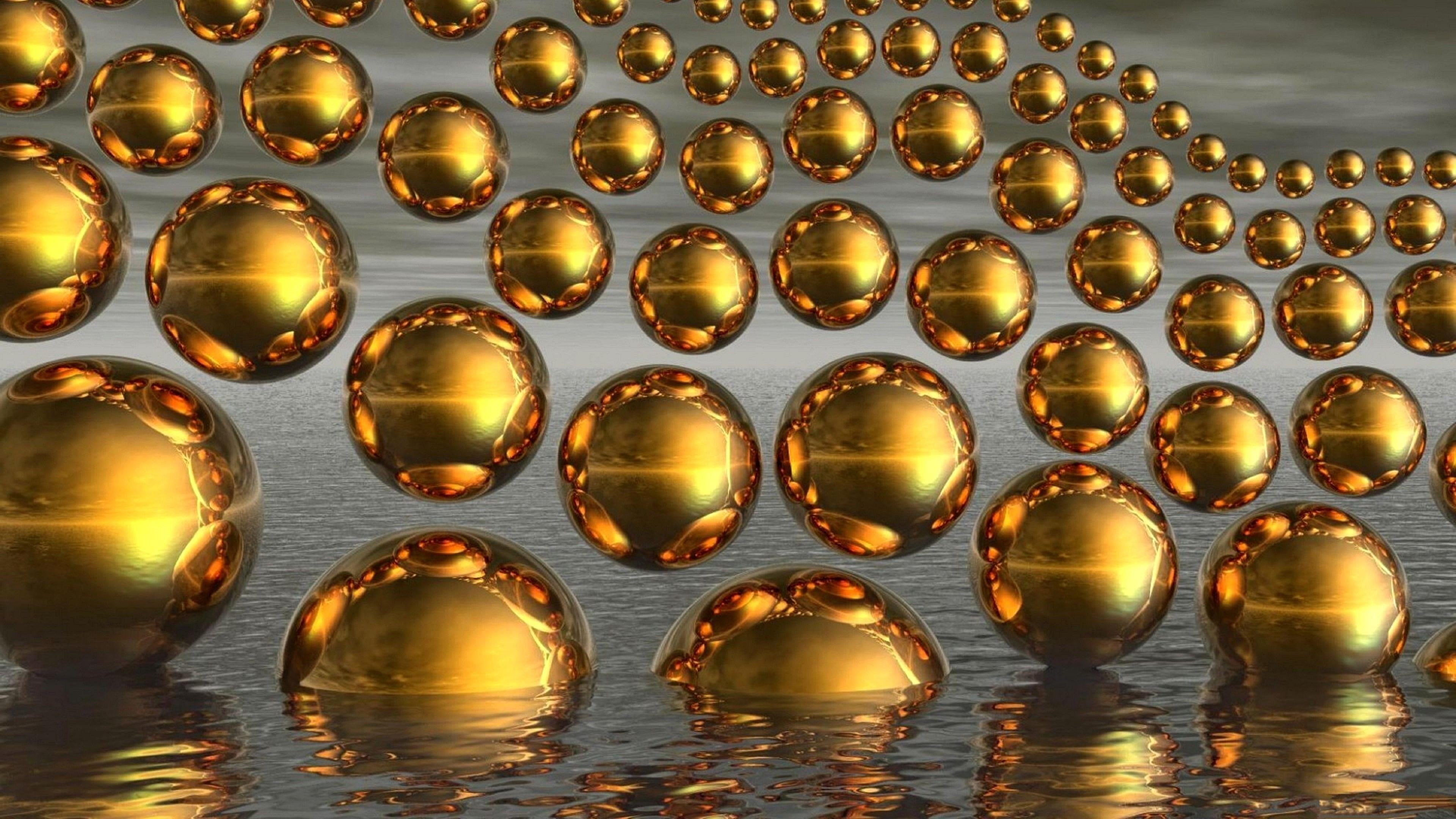balls, reflected, reflection, spheres, 3d, 4K, gold, water, digital art, HD Wallpaper