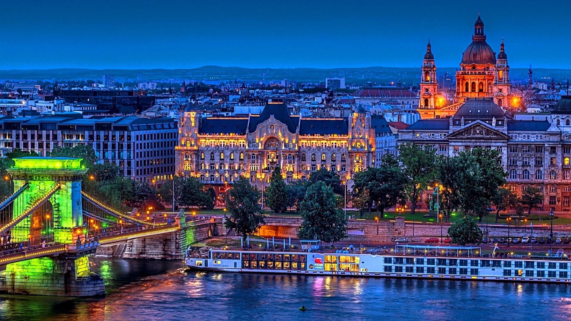 hungary, city, danube, building exterior, 1080P, illuminated, bridge - man made structure, chain bridge, architecture, captial city, cityscape, outdoors, HD Wallpaper
