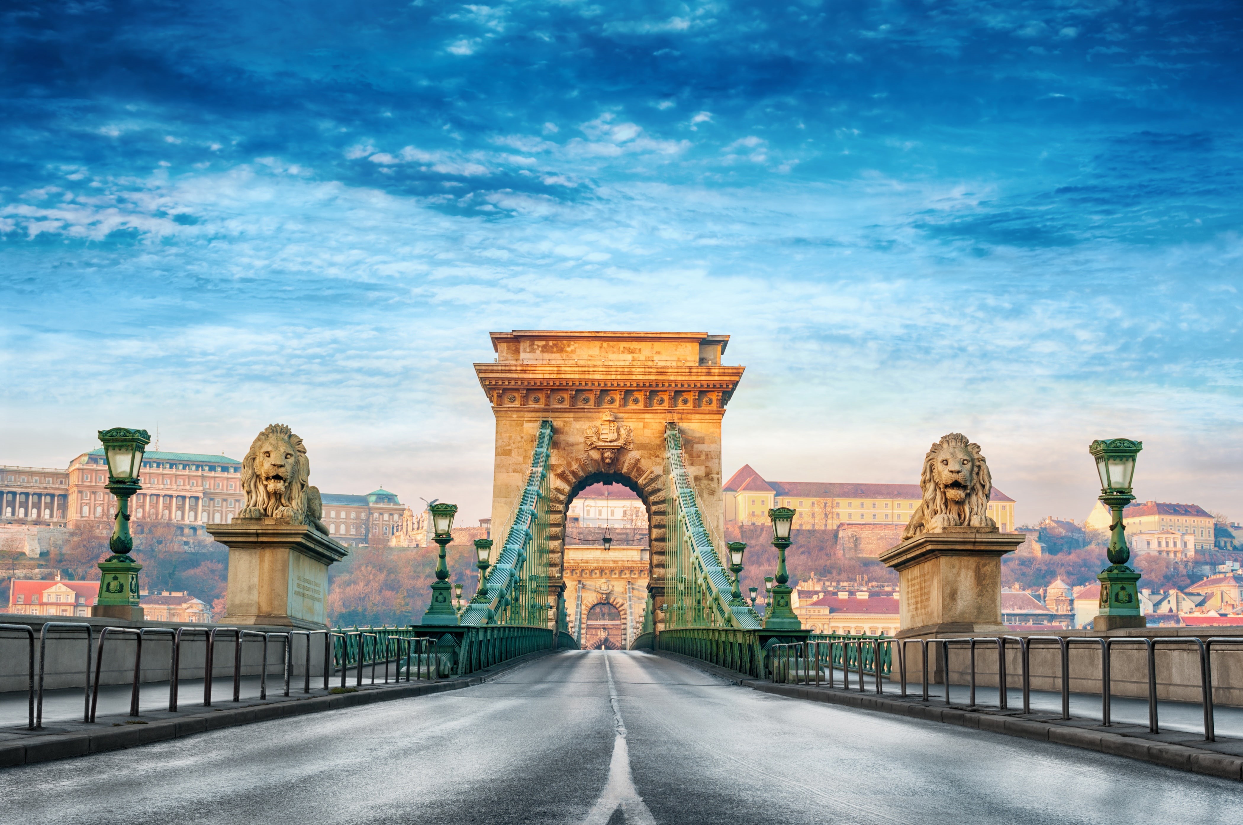 wallpaper., transportation, travel destinations, dawn sky clouds, view, Budapest, the past, summer, blur, architecture, no people, gray, a pair of lions lights the way, HD Wallpaper