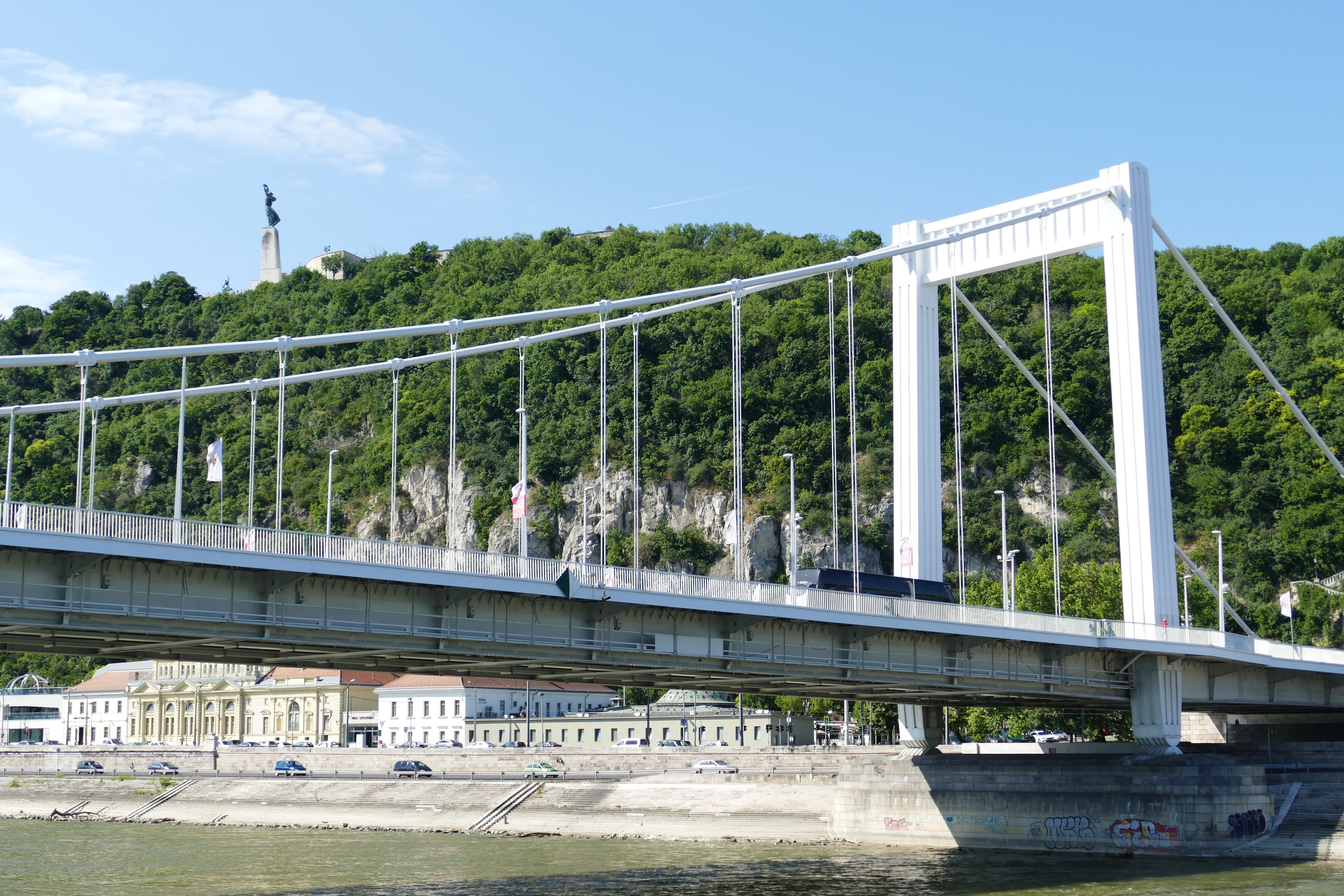 plant, outdoors, mountain, rail transportation, water, transportation, 5K, bridge, statue, railing, connection, river, architectural column, built structure, HD Wallpaper