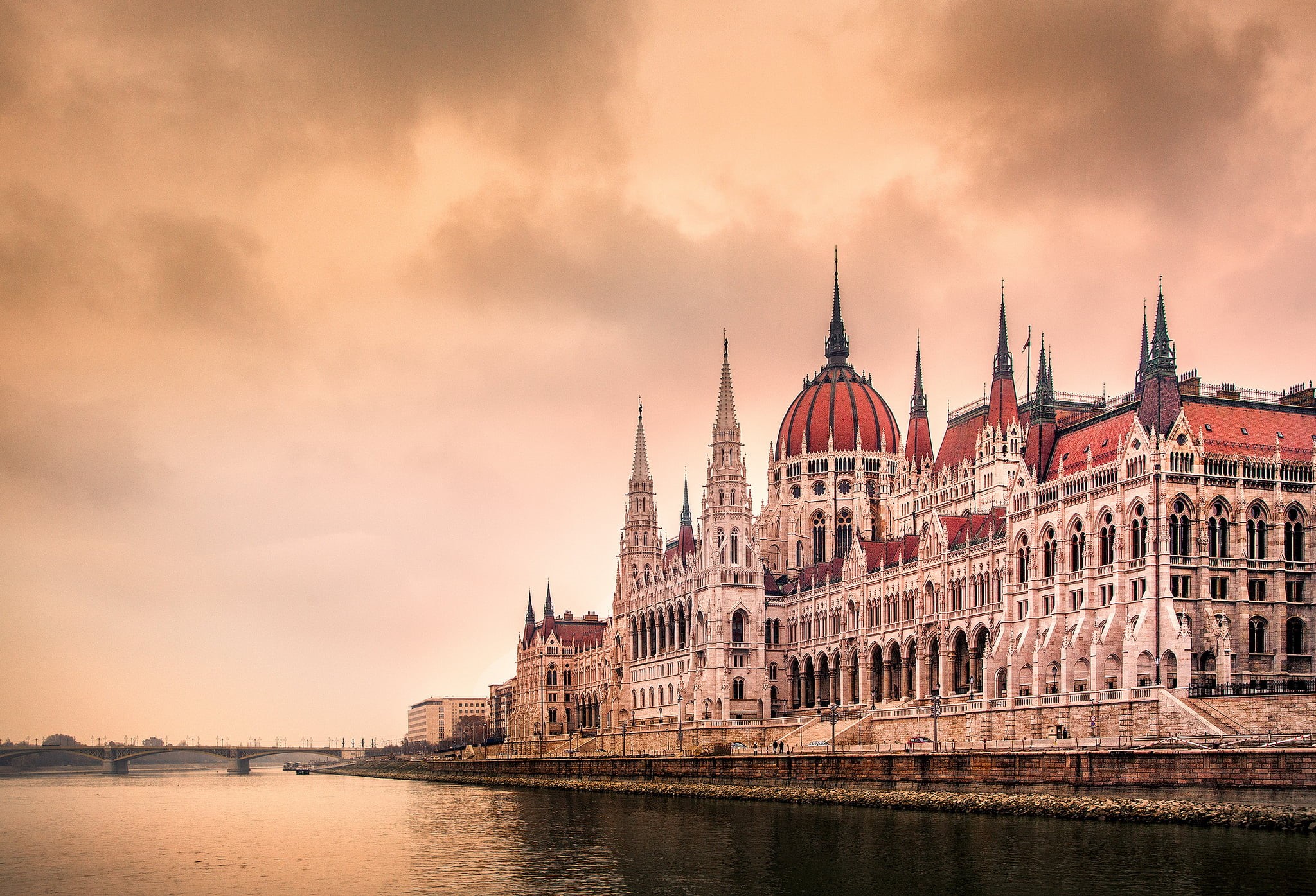 Gothic architecture, cityscape, Budapest, architecture, sky, built structure, 1080P, nature, building exterior, water, no people, brown, Europe, cloud - sky, HD Wallpaper