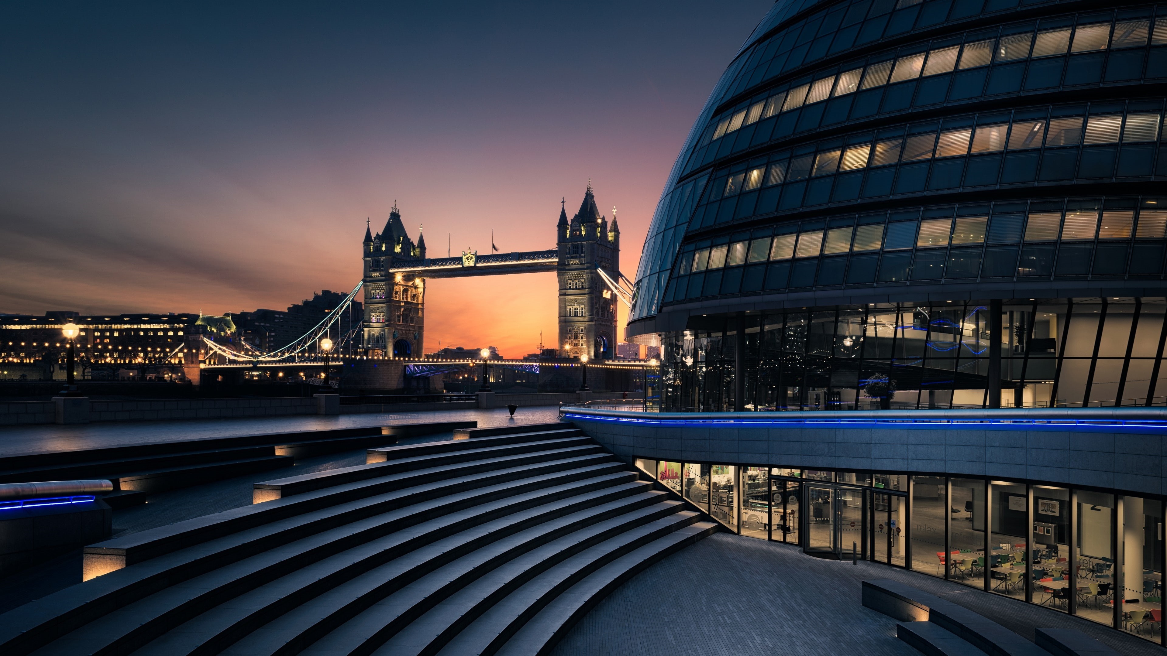 city, 4K, tourist attraction, night, cityscape, dusk, sky, united kingdom, architecture, downtown, landmark, london, england, scoop, tower bridge, city hall, HD Wallpaper