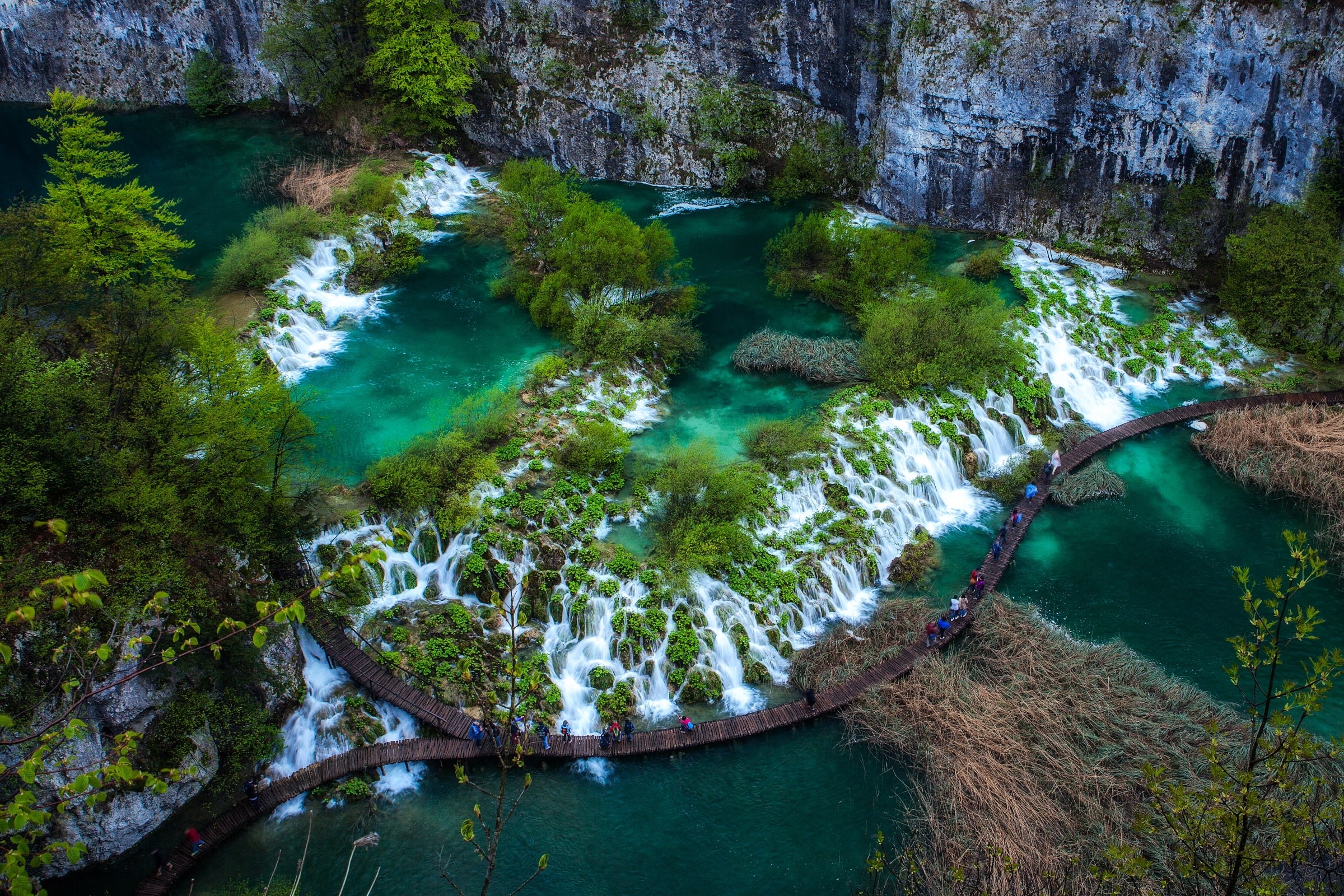 no people, high angle view, outdoors, croatia, flowing, water, tranquil scene, solid, plant, waterfalls, waterfall, rocks, flowing water, rock, green color, HD Wallpaper