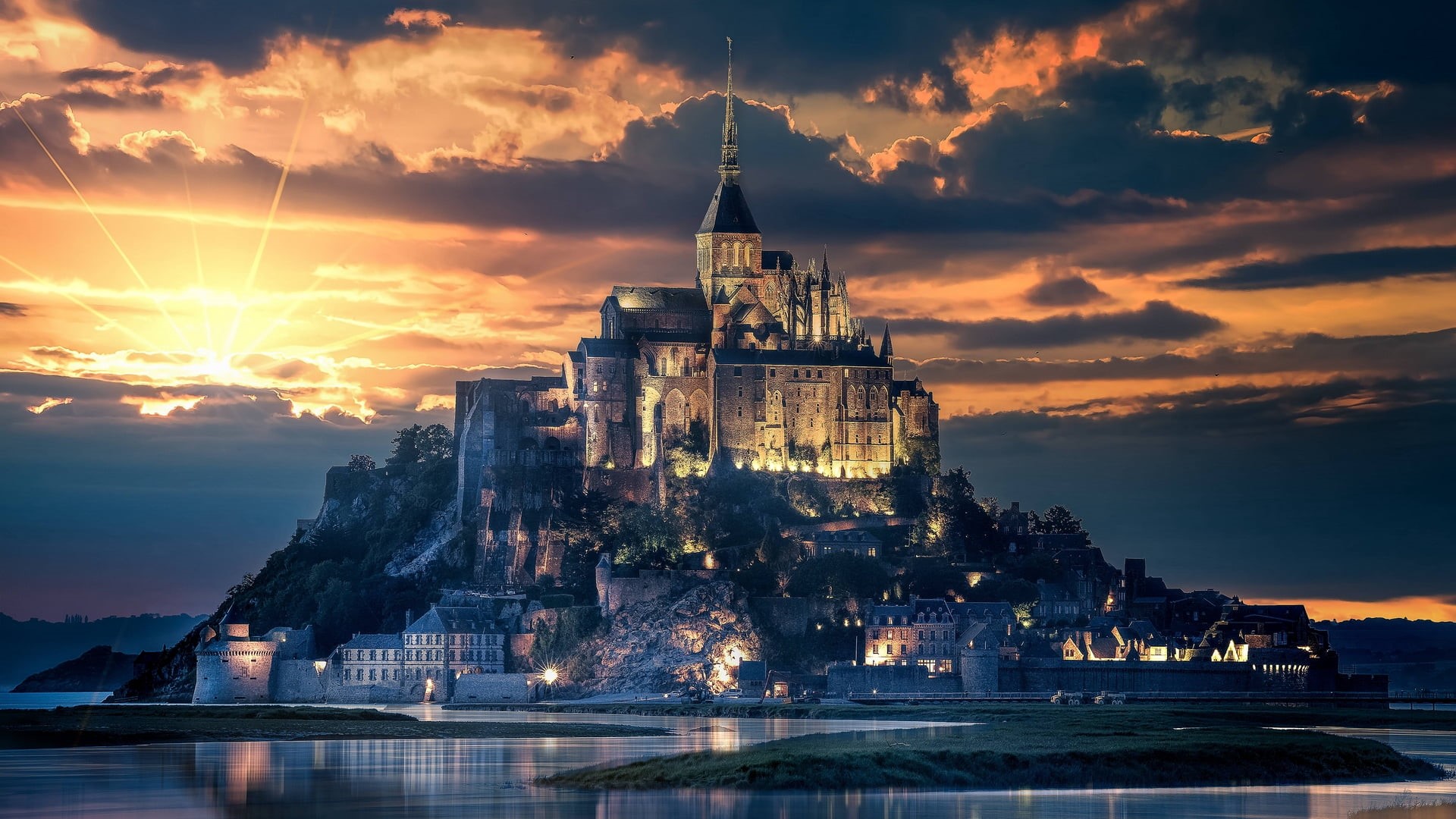 sunset, cloud - sky, 1080P, travel destinations, illuminated, castle, near, water, island, no people, digital, belief, Mont Saint-Michel, built structure, HD Wallpaper