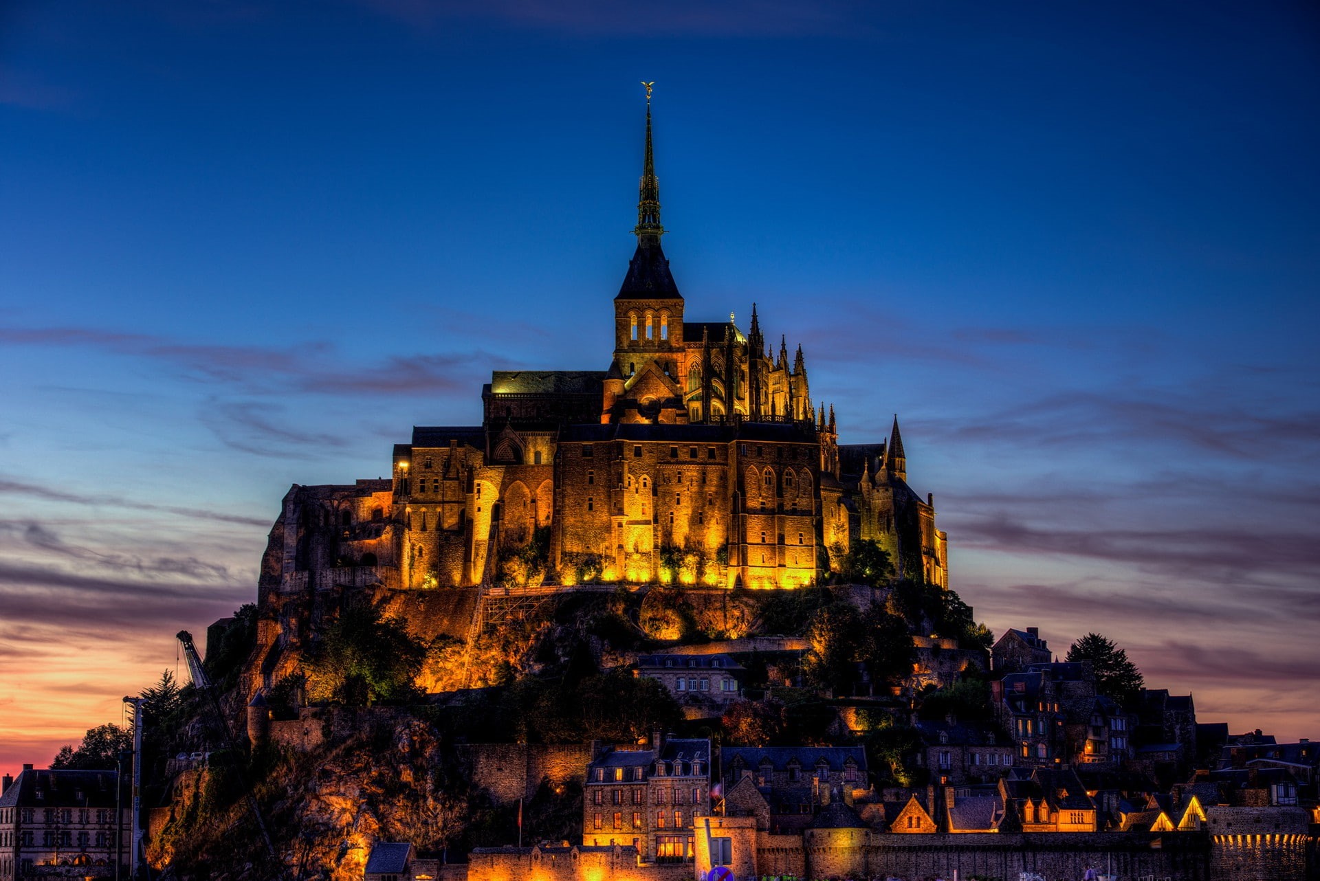 1080P, Mont Saint-Michel, Abbey, France, building, city lights, HD Wallpaper