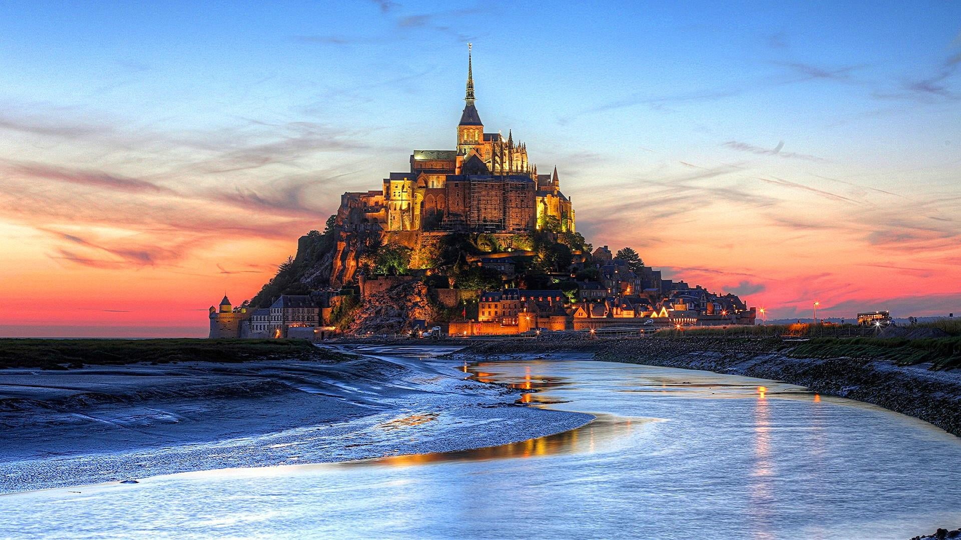 no people, sea, history, tourism, normandy, sky, religion, the past, landmark, 1080P, dusk, building, cloud, built structure, travel destinations, outdoors, HD Wallpaper