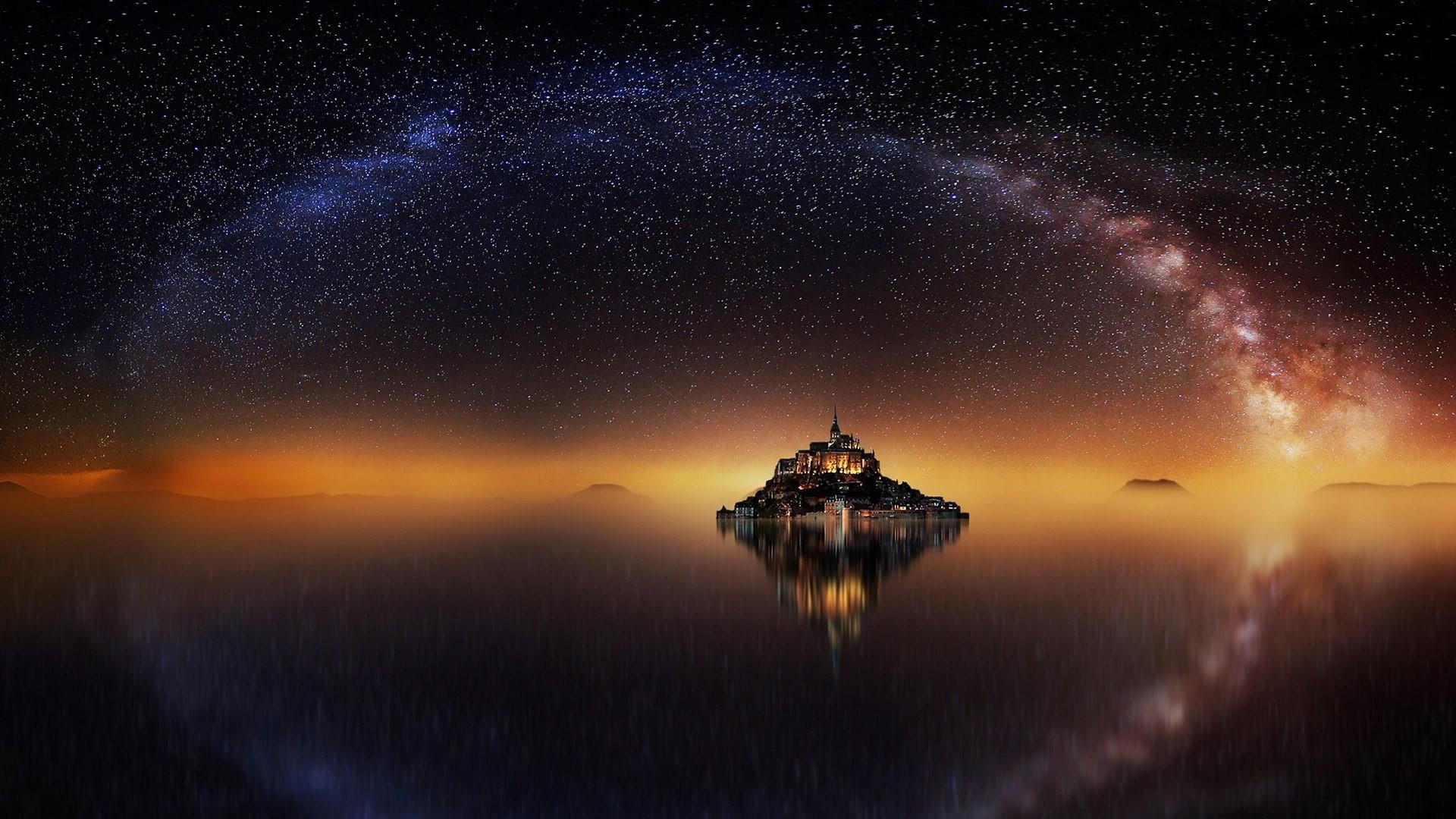 water, phenomenon, monastery, astronomy, outdoors, couesnon river, nature, milky way, space, tranquility, universe, reflection, architecture, star - space, HD Wallpaper