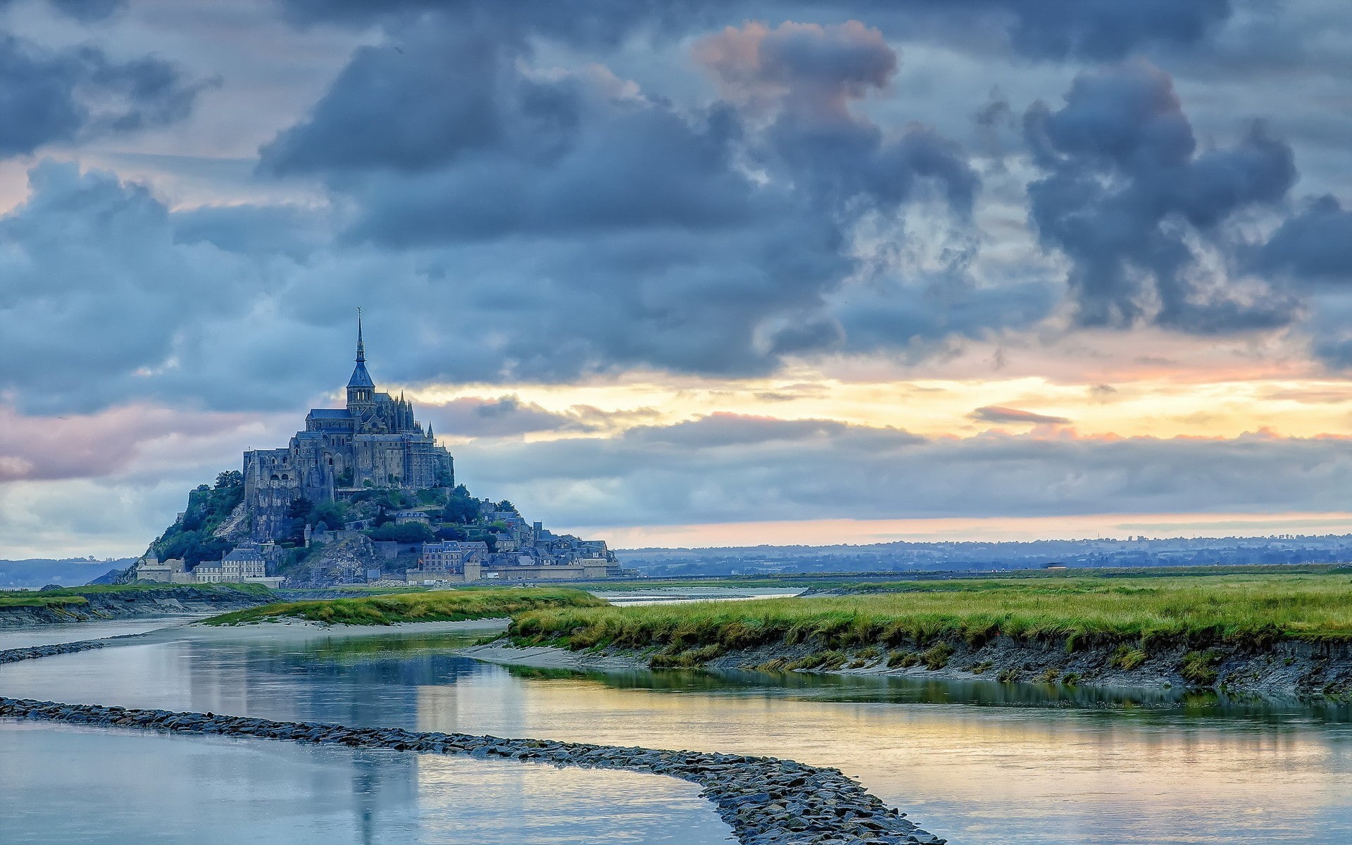 island, old building, town, 1080P, landscape, Mont Saint-Michel, France, Abbey, HD Wallpaper
