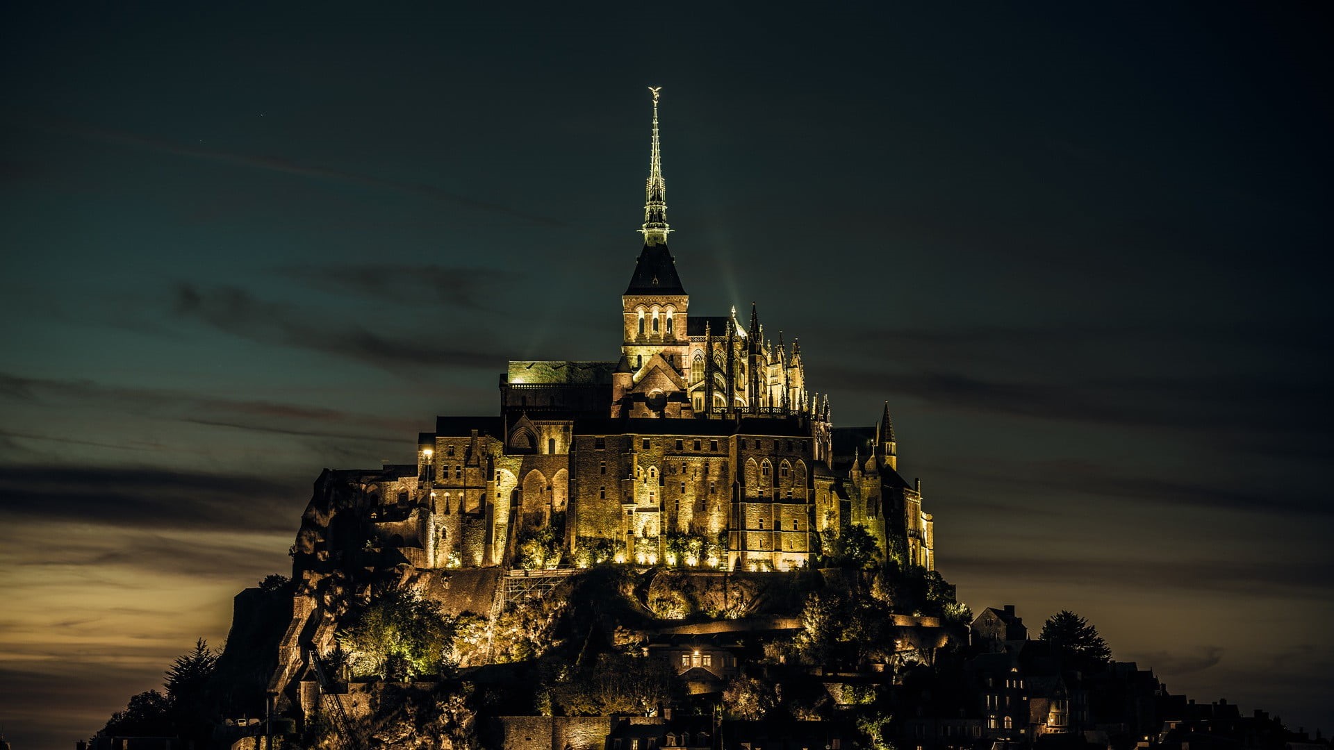 religion, building exterior, no people, place of worship, concrete, brown, illuminated, cloud - sky, history, Mont Saint-Michel, nature, building, tourism, HD Wallpaper