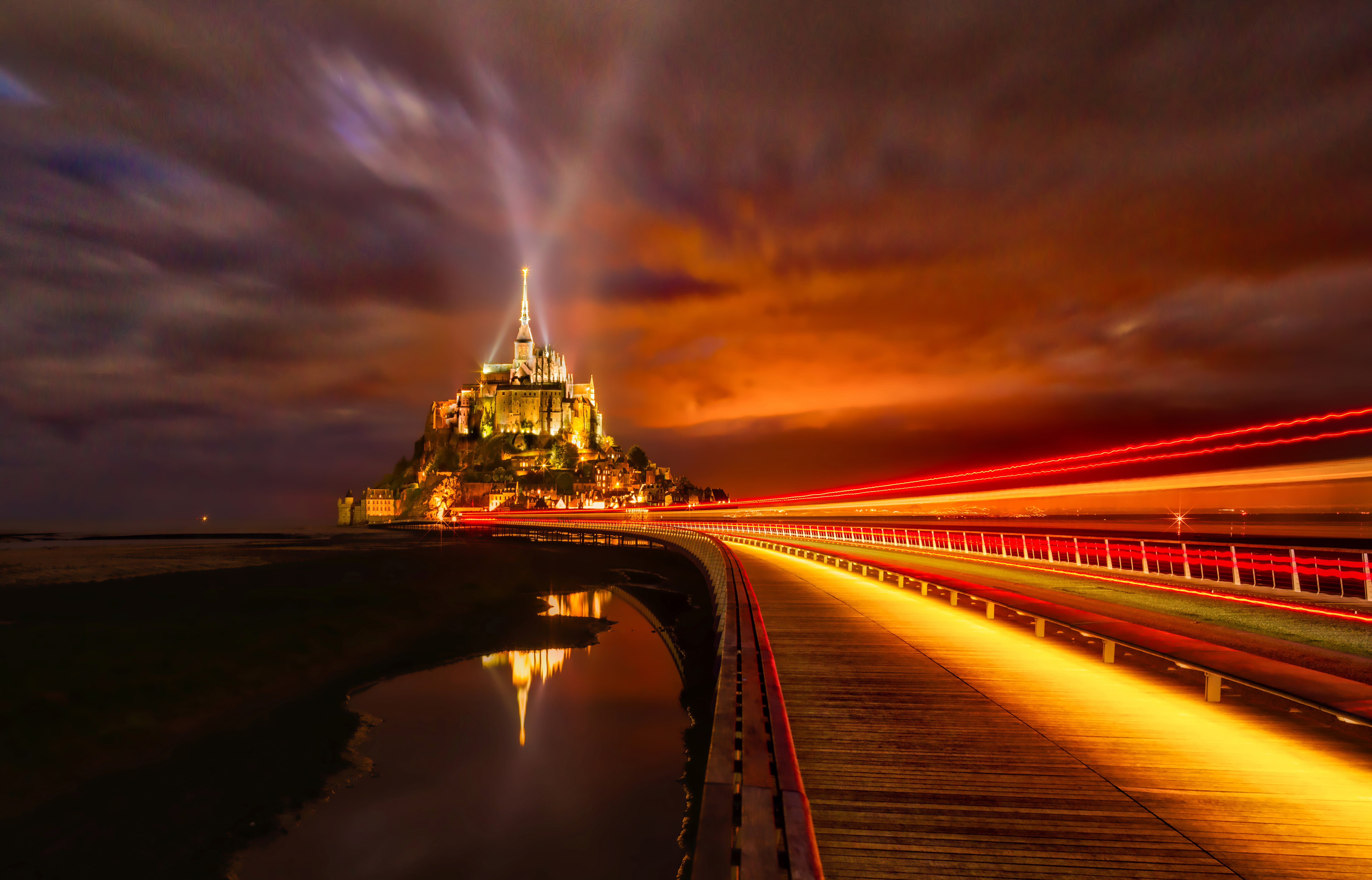Normandy, 4K, 5K, France, Night lights, Mont Saint-Michel, Island, HD Wallpaper