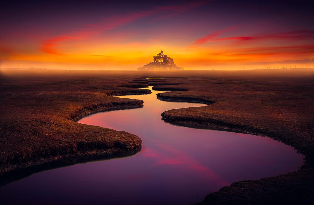 nature, sky, Mont Saint-Michel, clouds, horizon over water, travel destinations, castle, environment, sunset, river, cloud - sky, sea, scenics - nature, HD Wallpaper