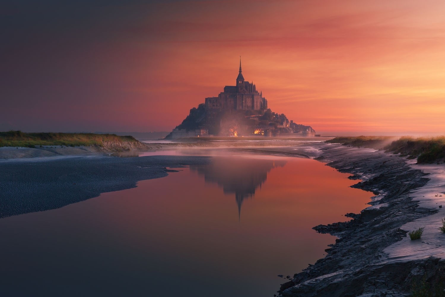 reflection, building, no people, water, photography, architecture, history, Mont Saint-Michel, Abbey, nature, building exterior, place of worship, orange color, HD Wallpaper
