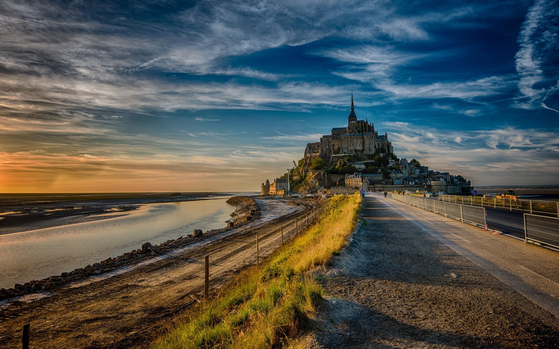 clouds, nature, cloud - sky, sunset, outdoors, religion, building, Mont Saint-Michel, history, gray, houses, water, sky, 1080P, travel, sea, architecture, HD Wallpaper