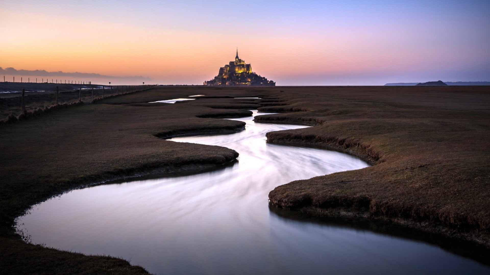 travel, Abbey, frame, no people, water, scenics - nature, wooden, river, brown, tourism, travel destinations, flowing water, Mont Saint-Michel, architecture, HD Wallpaper