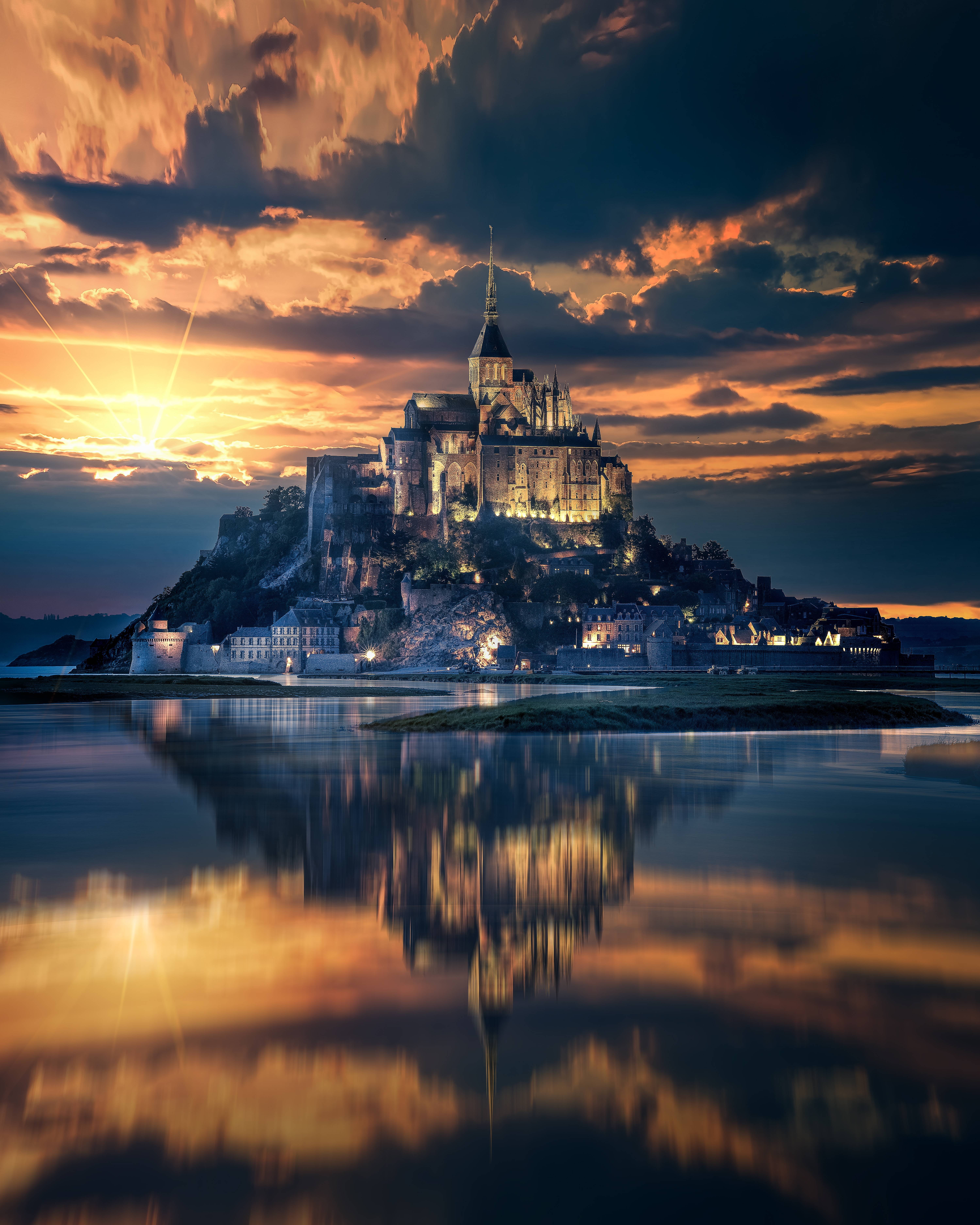 spire, outdoors, nature, illuminated, built structure, castle, cloud - sky, religion, mont-saint-michel, architecture, reflection, history, white, france, Phone HD Wallpaper
