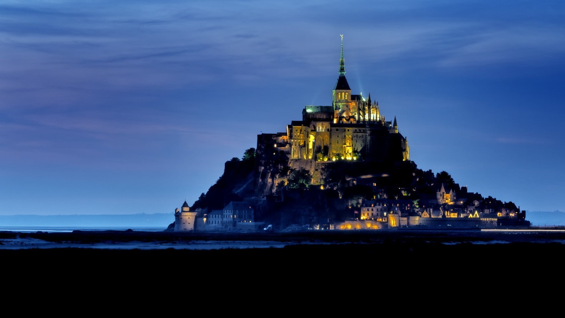 architecture, Abbey, no people, belief, building, city lights, 1080P, town, travel destinations, built structure, illuminated, religion, sky, the past, HD Wallpaper