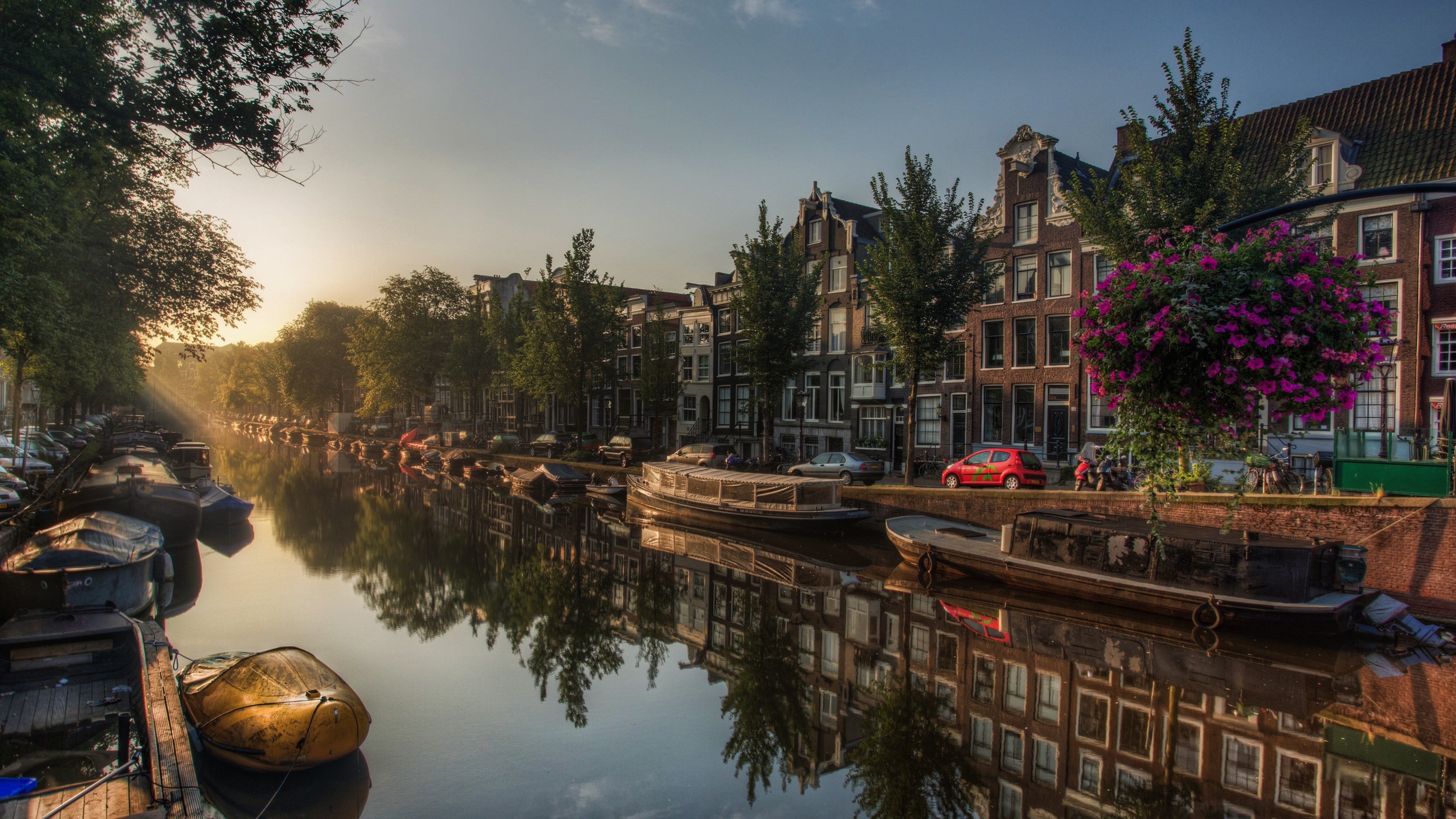 waterway, boats, netherlands, buildings, 4K, boat, europe, canal, body of water, cityscape, reflection, tree, HD Wallpaper