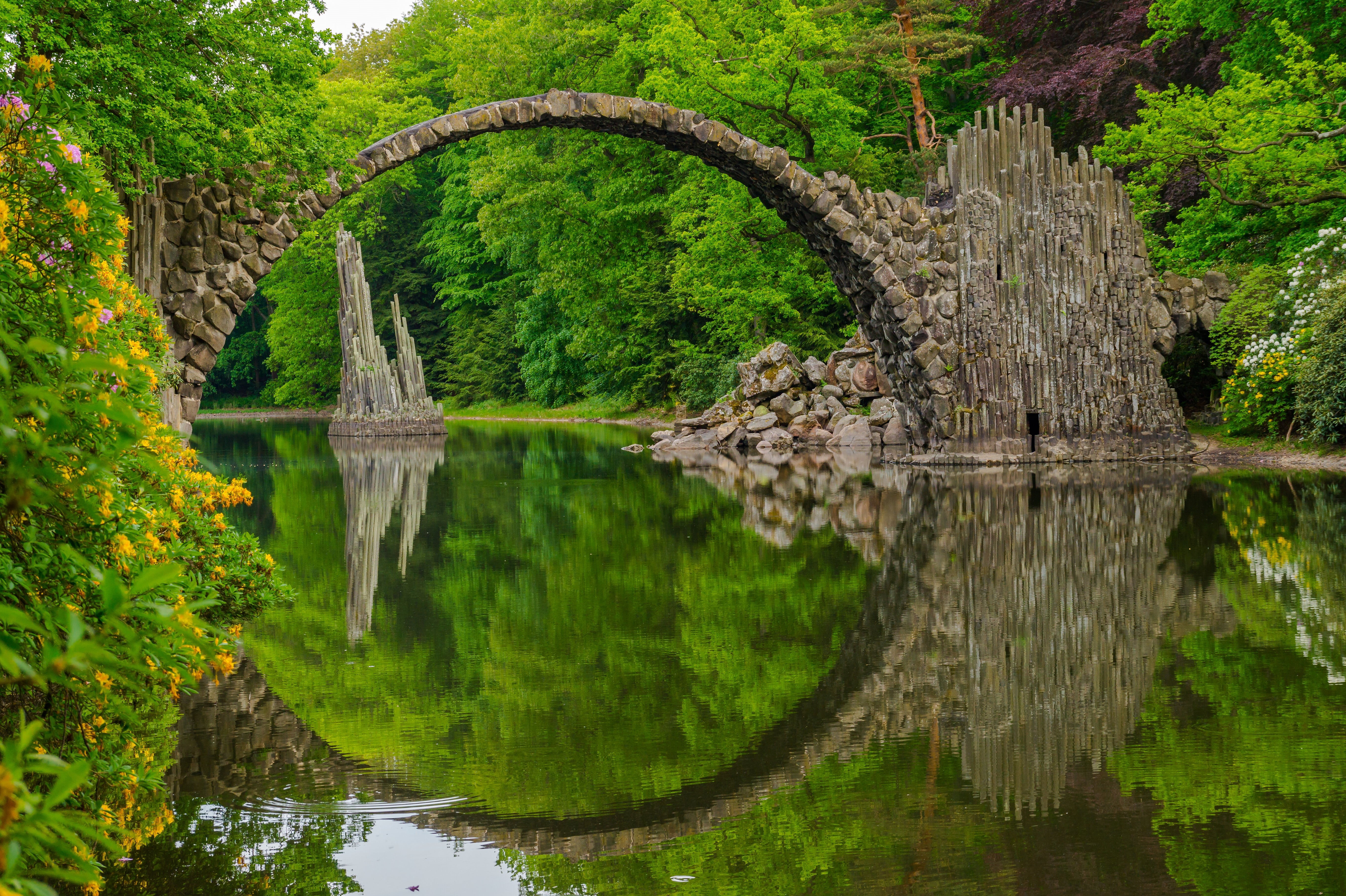 bridge, Germany, bridge Rocketspace, no people, architecture, 5K, trees, Kromlau, Kromelow, built structure, Rakotzbrücke, day, reflection, Park Kromelow, HD Wallpaper