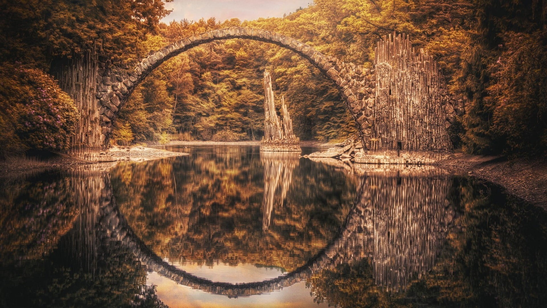 pond, yellow, plant, day, park - Man Made Space, trees, season, autumn, stream, Germany, multi Colored, branch, scenics, nature, landscape, arch bridge, HD Wallpaper