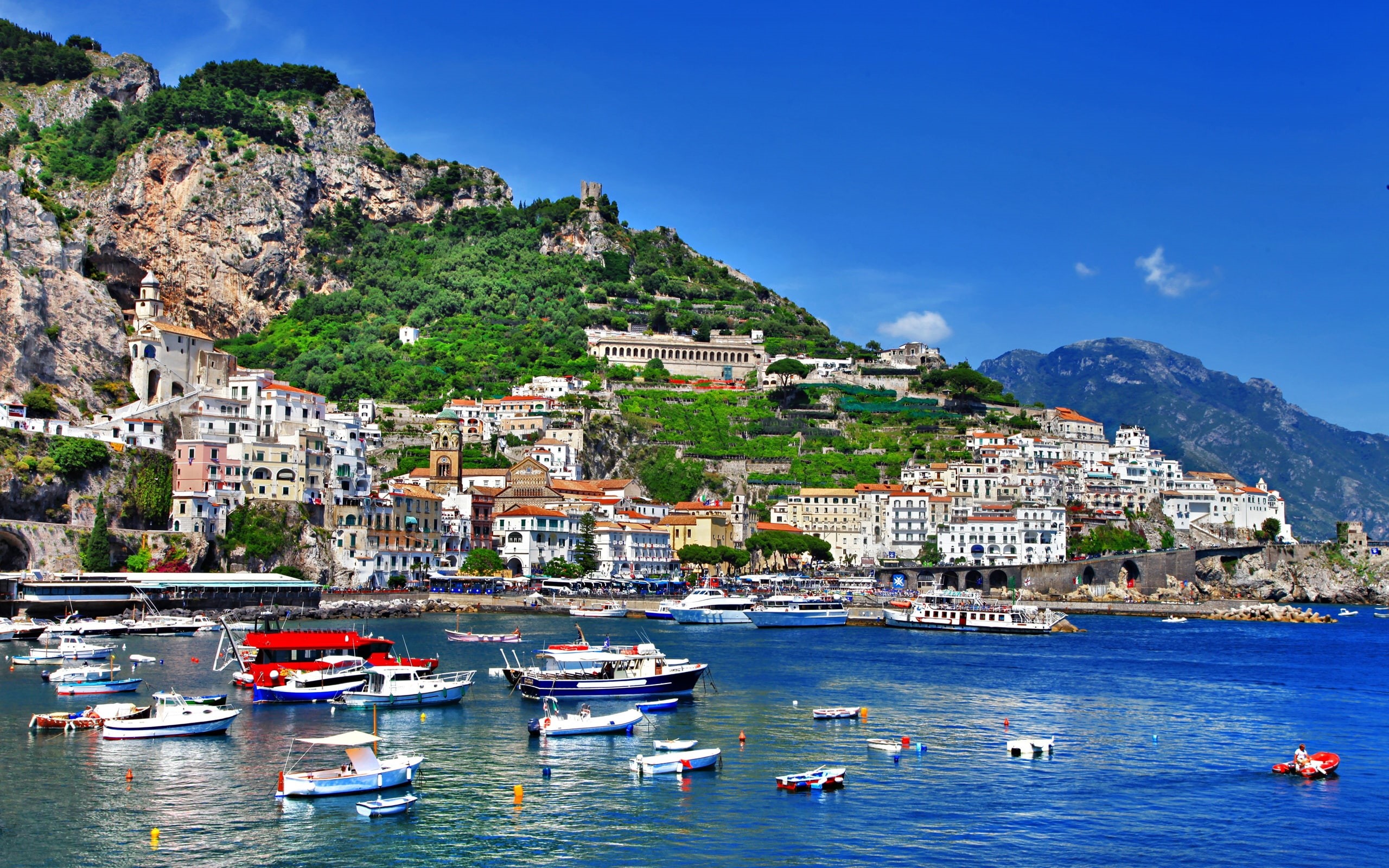 Salerno, Amalfi, Shore, Mountains, Italy, Sea, 2K, Houses, Positano, Boats, HD Wallpaper