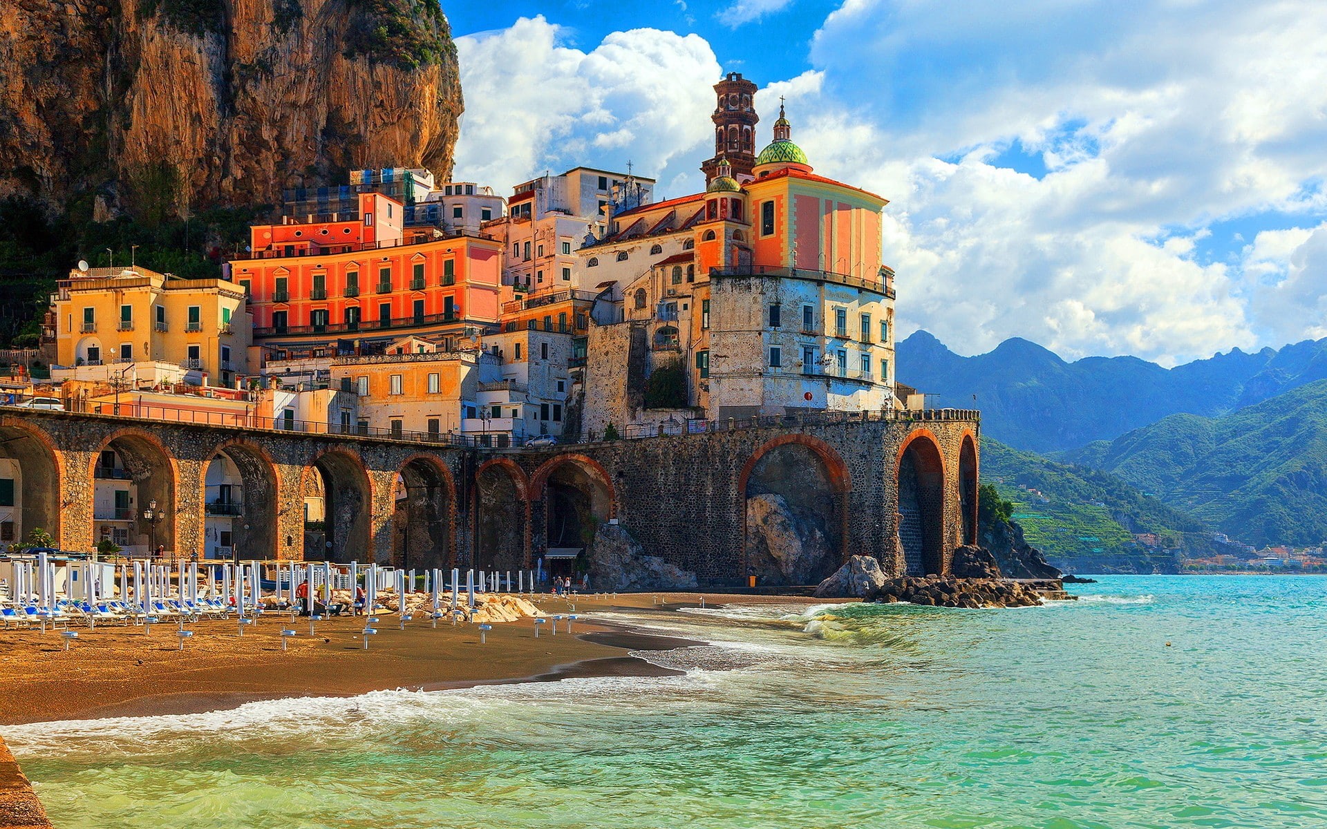 house, 1080P, buildings, positano, landscape, rocks, church, coast, brown, amalfi, mountains, animated, white, nature, houses, dome, orange, italy, illustration, HD Wallpaper
