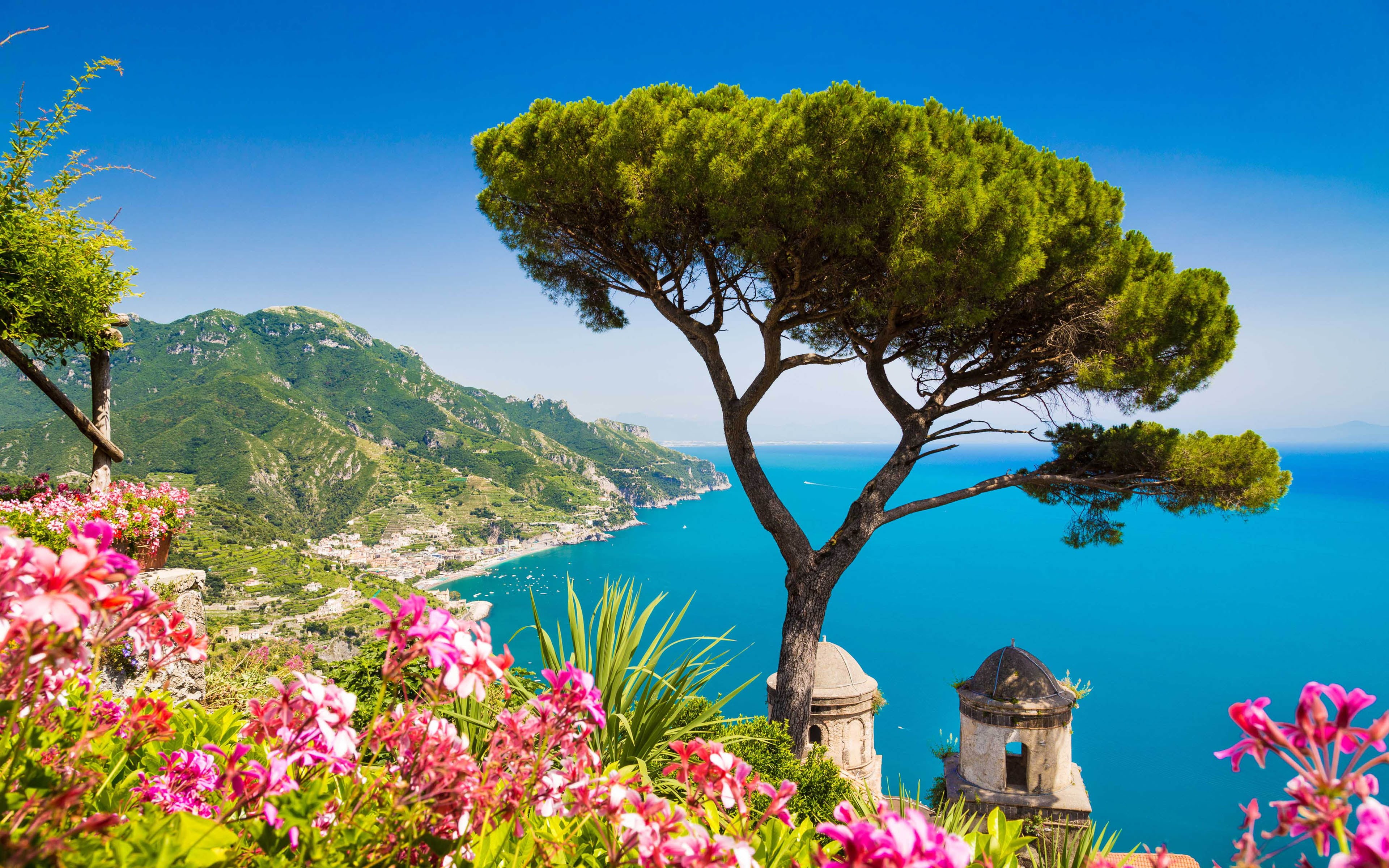 water, flower, rufolo, non-urban scene, blue, 4K, italy, sky, gardens, tranquil scene, plant, tranquility, beauty in nature, amalfi, campania, growth, HD Wallpaper