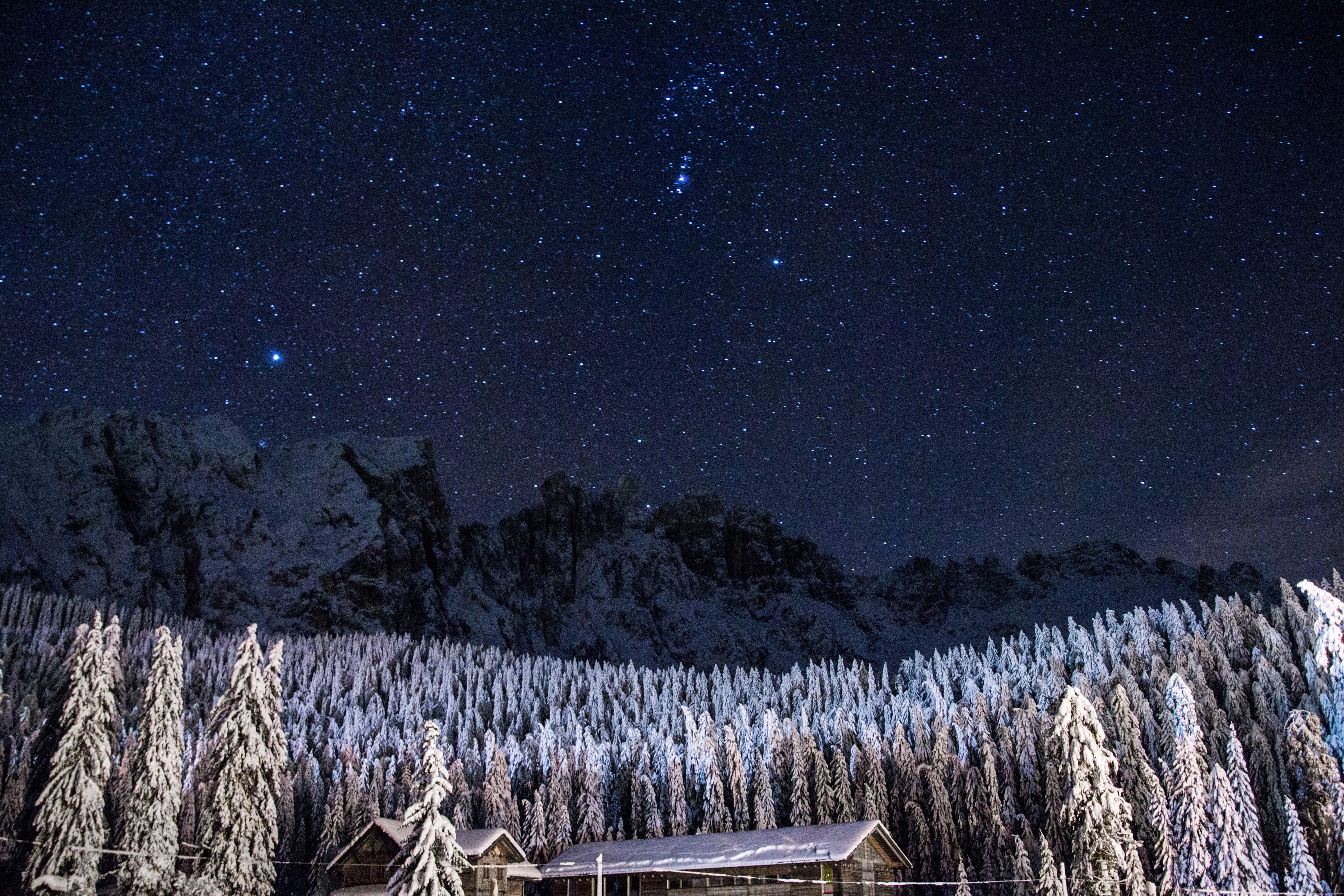house, landscape photography, sky, covered, tree, landscape, tranquility, mountain, astronomy, environment, trees, 4K, pine, nature, winter, brown, forest, HD Wallpaper
