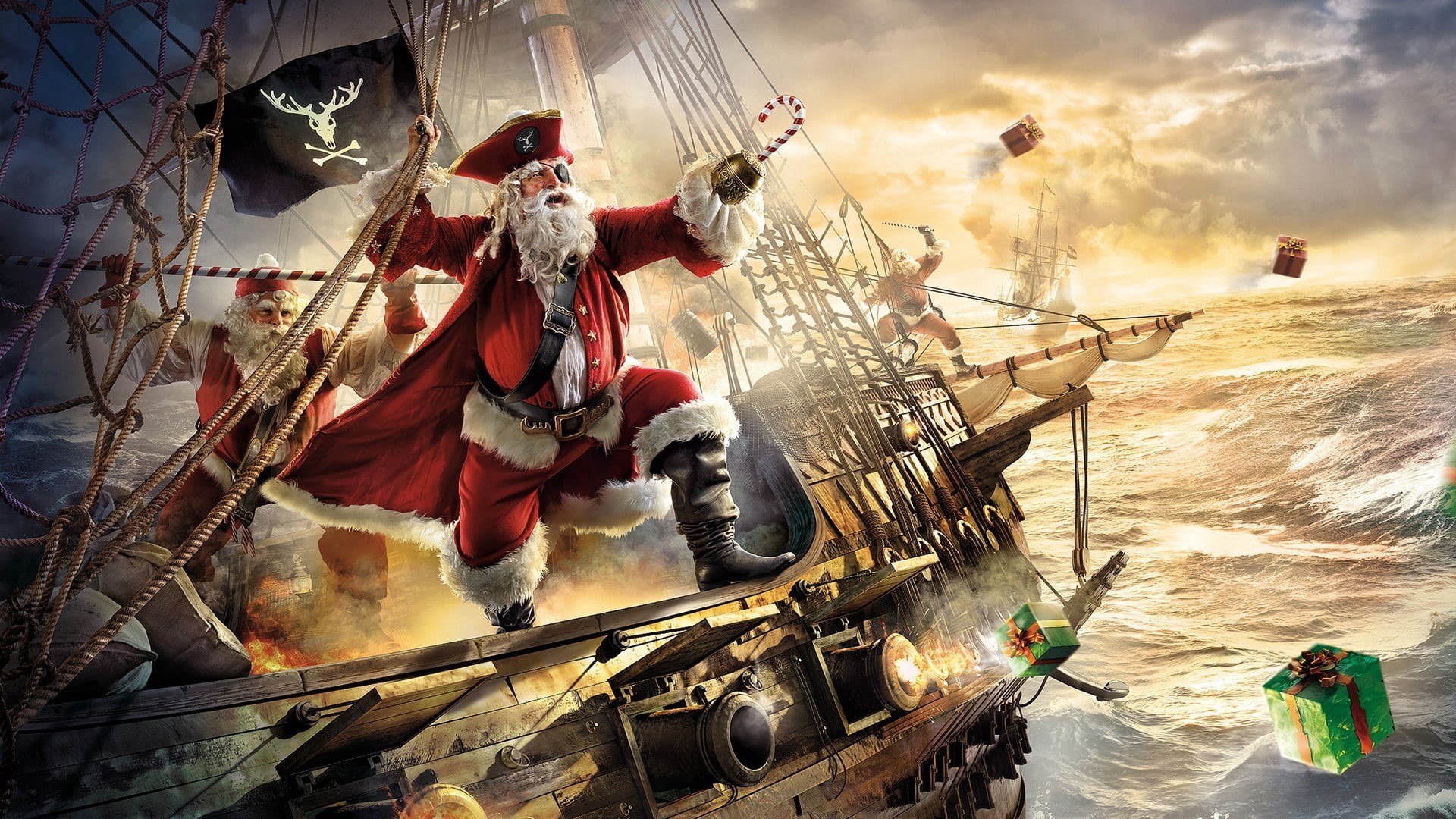 fantasy, sea, architecture, burning, illustration, people, fire, brown, group of people, nature, ship, cloud - sky, outdoors, boat, 1080P, battle, adult, HD Wallpaper