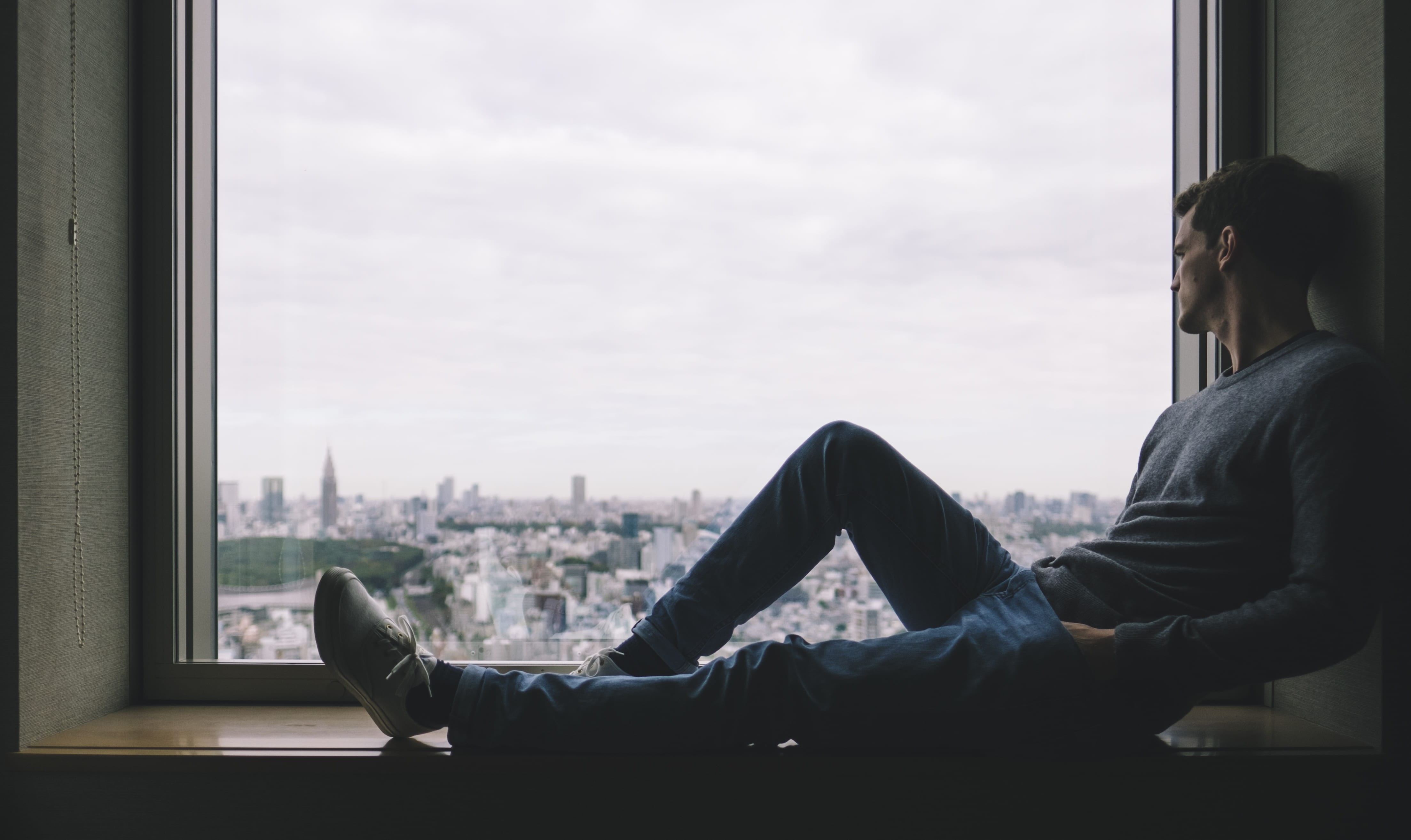 side view, 4K, leisure activity, window sill, man, day, transparent, relaxation, legs, one person, beside, indoors, looking through window, architecture, HD Wallpaper