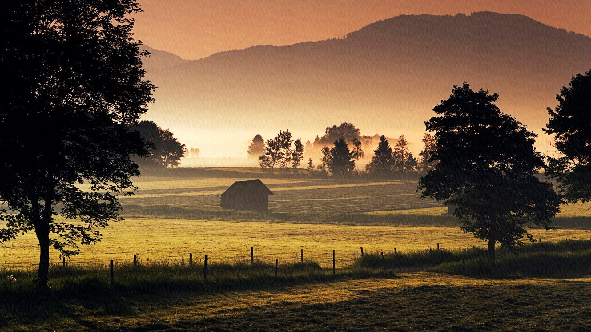 outdoors, tranquility, rural scene, hd images nature pc  1920x1080, no people, grass, tree, sunset, scenics - nature, field, agricultural building, nature, HD Wallpaper