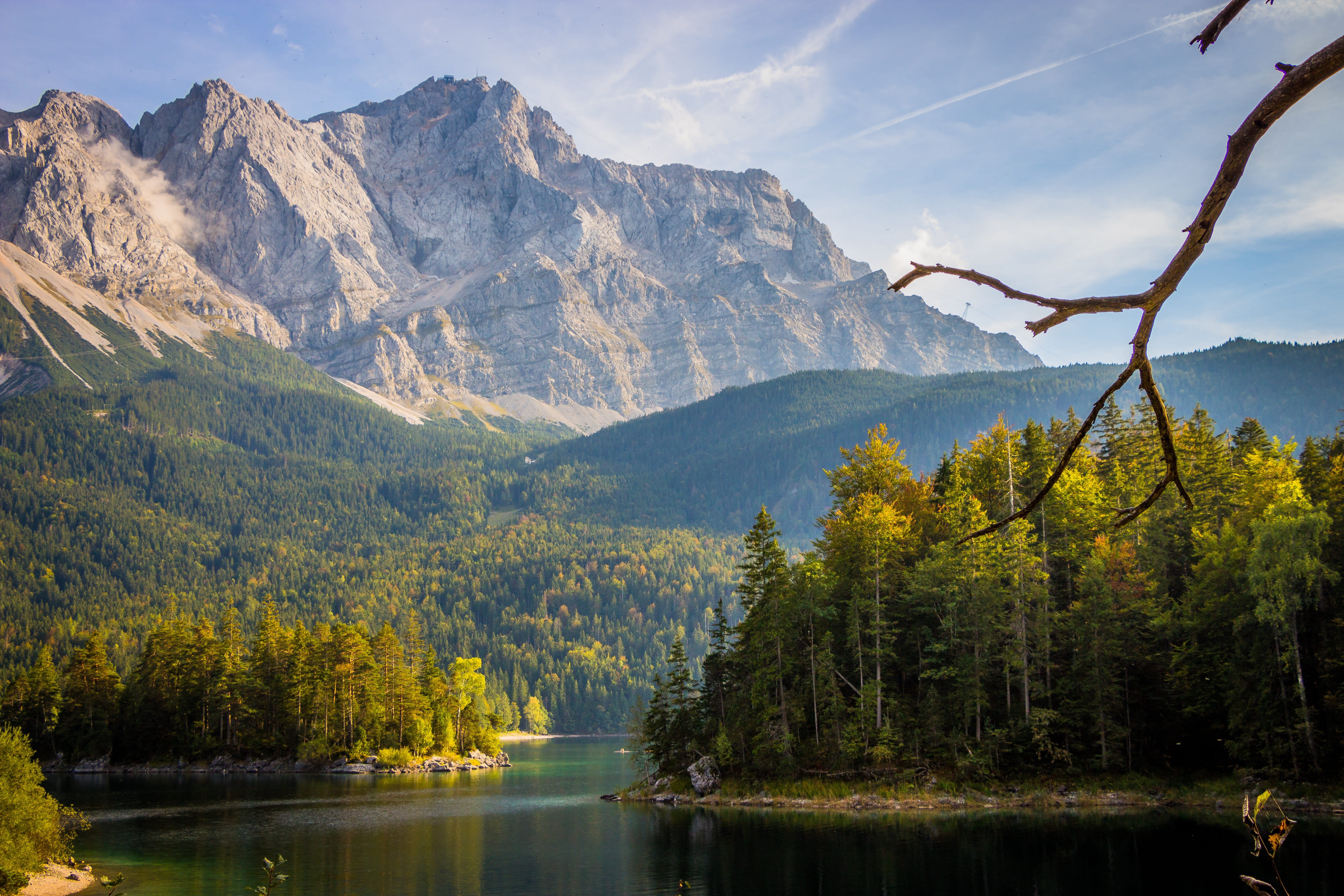 waterfront, nature, daytime, alps, change, idyllic, fir, outdoors, across, white, mountain range, larch, zugspitze, formation, no people, tranquil scene, HD Wallpaper