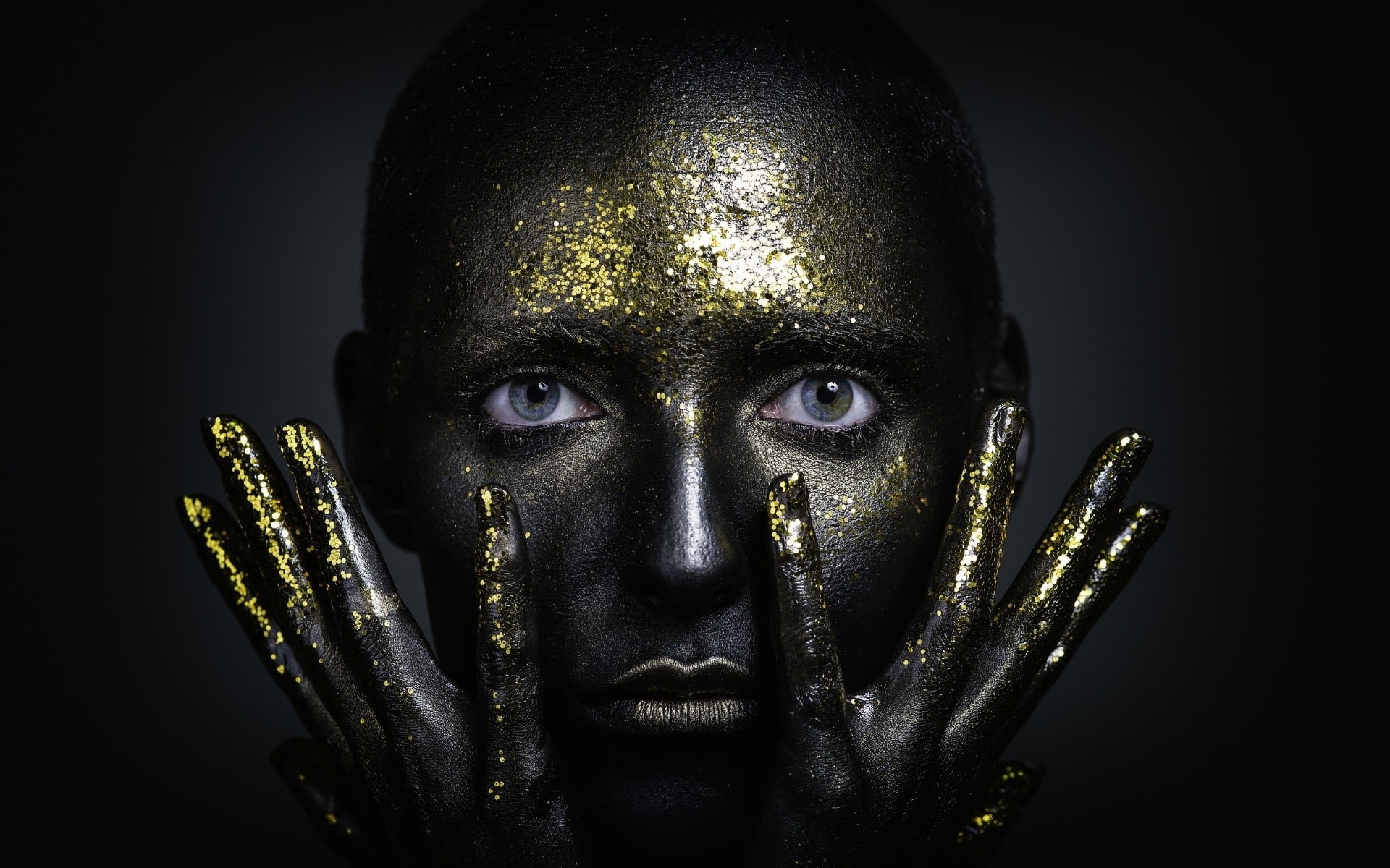 digital composite, front view, model, women, one person, 1080P, studio shot, body paint, black background, body part, dark, headshot, human face, portrait, HD Wallpaper