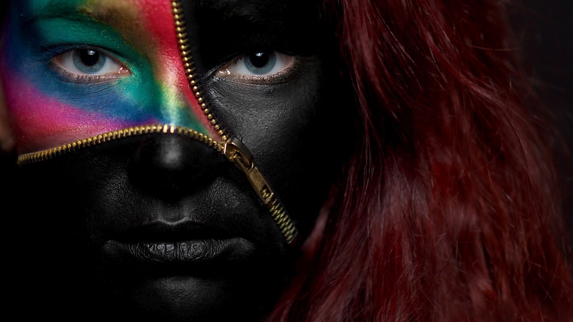young adult, looking at camera, portrait, black background, make-up, dyed red hair, human face, headshot, women, body paint, zippers, model, one person, HD Wallpaper