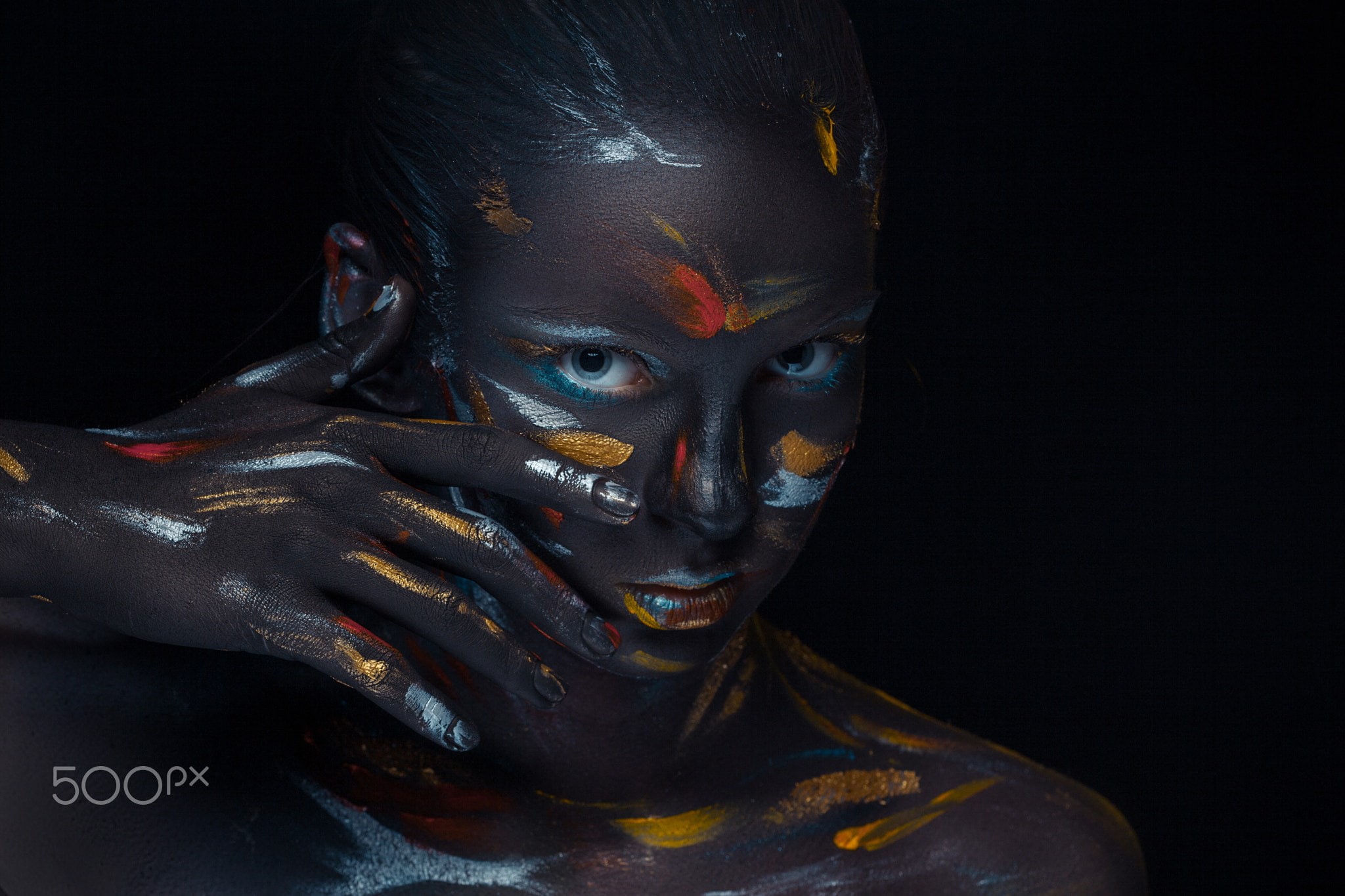 females, women, model, close-up, adult, portrait, human body part, one person, body paint, black background, face, face paint, beautiful woman, 1080P, HD Wallpaper