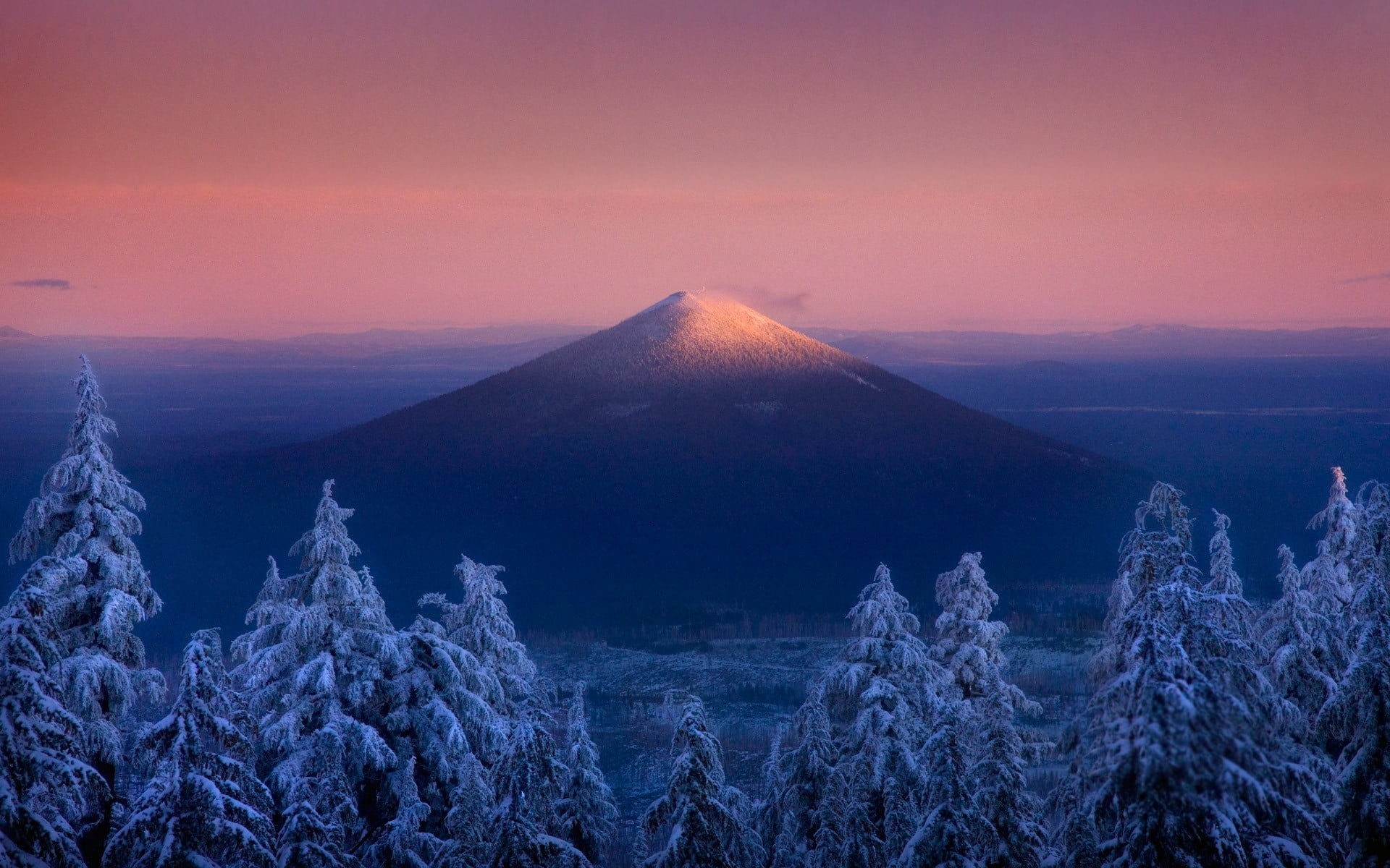 tranquility, travel destinations, landscape, forest, mountain peak, fog, nature, sunset, 1080P, no people, snowy peak, land, snowcapped mountain, volcano, HD Wallpaper