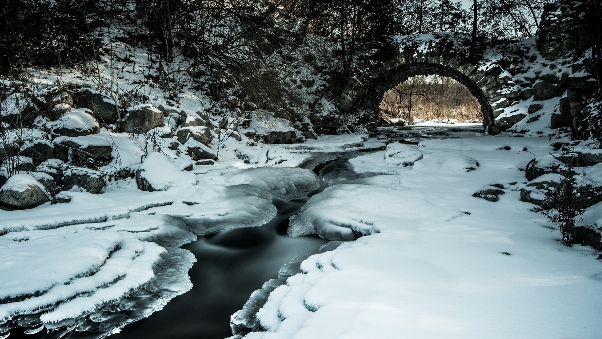 beauty in nature, rock, day, bridge, branch, arch, frozen, ice, land, covering, white color, tranquility, stream, 1080P, cold temperature, river, long exposure, HD Wallpaper