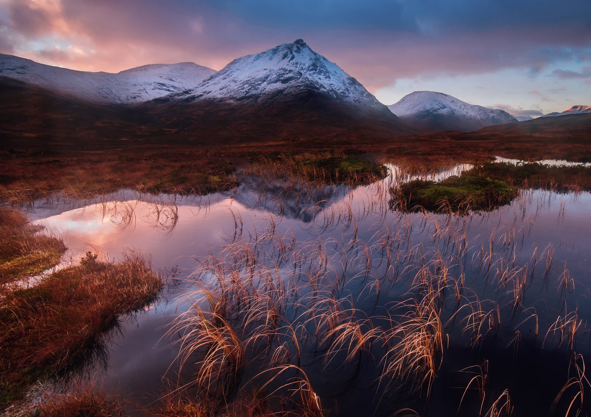 non-urban scene, snowcapped mountain, tranquility, beauty in nature, scenics - nature, no people, mountain, sunset, clouds, grass, mountain range, tranquil scene, HD Wallpaper