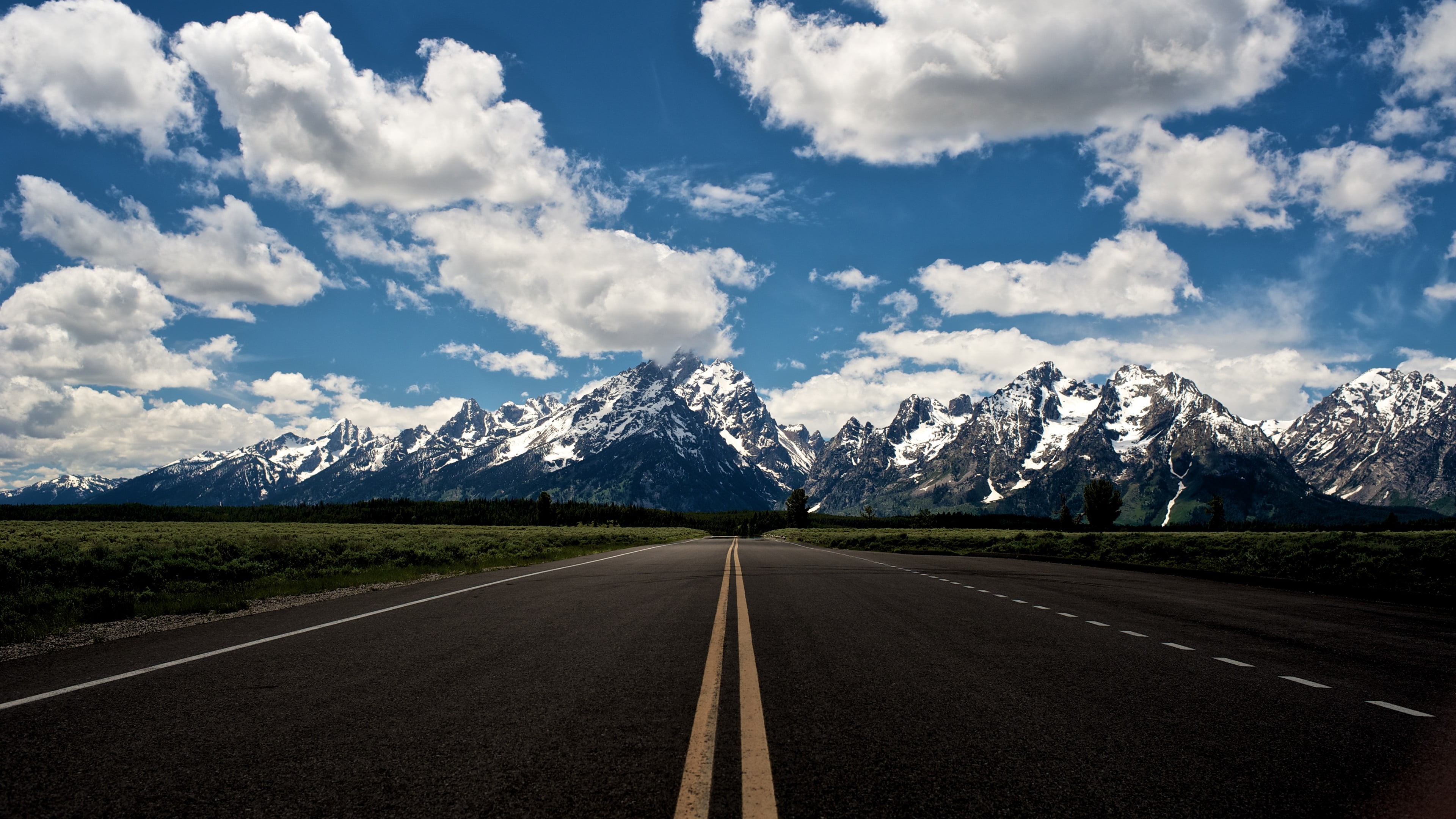 snow, asphalt, mountain Range, symbol, environment, marking, blue, rocky Mountains, covered, tree, snowcapped mountain, direction, diminishing perspective, HD Wallpaper