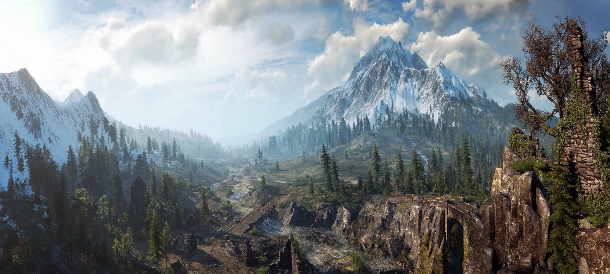 river, digital art, The Witcher 3: Wild Hunt, forest, mist, nature, landscape, snowy peak, 1080P, clouds, mountains, HD Wallpaper