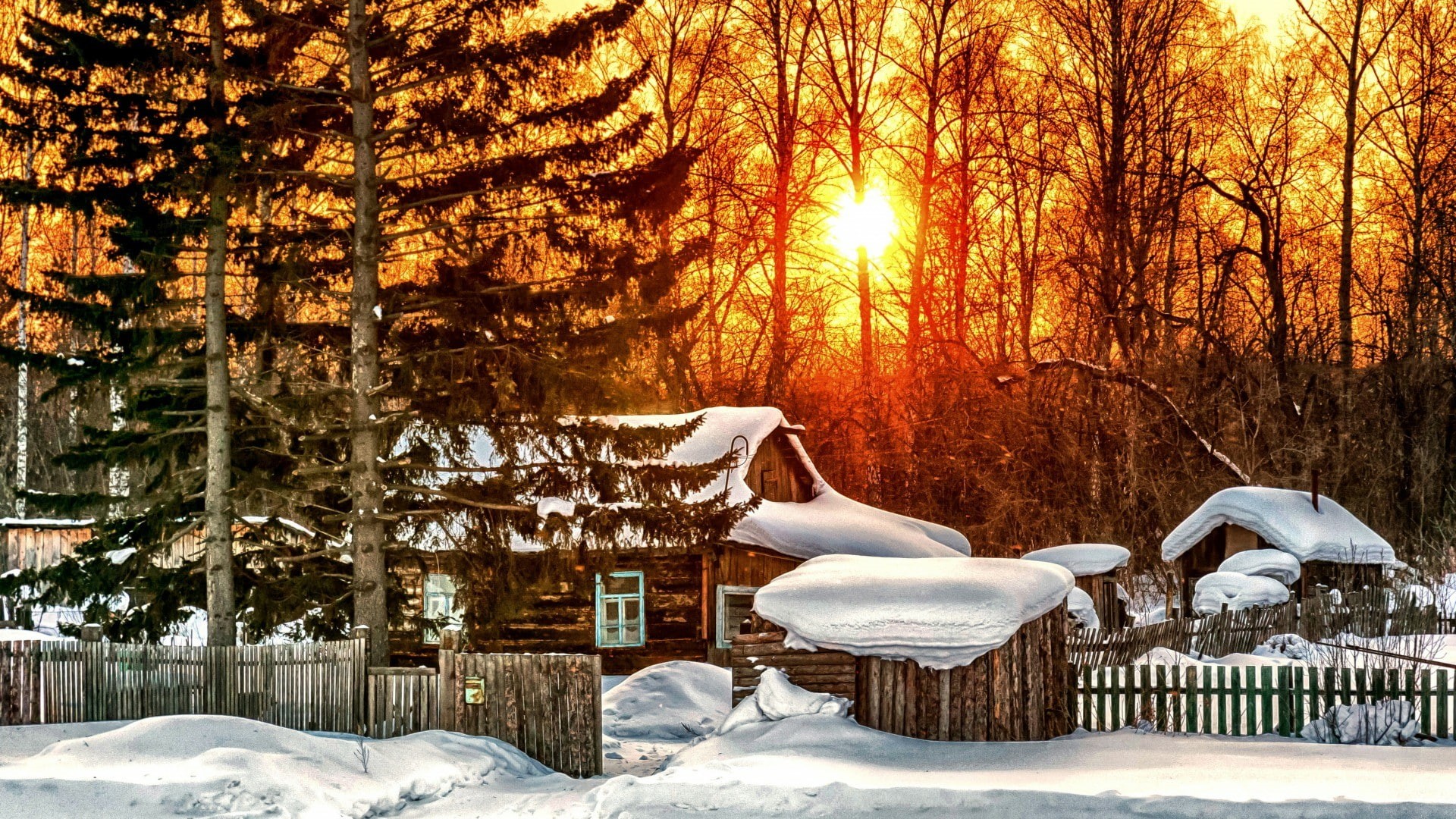 snow, winter, sunset, log cabin, tree, house, nature, water, sunlight, pine, fence, wood, 1080P, snowy, evening, HD Wallpaper