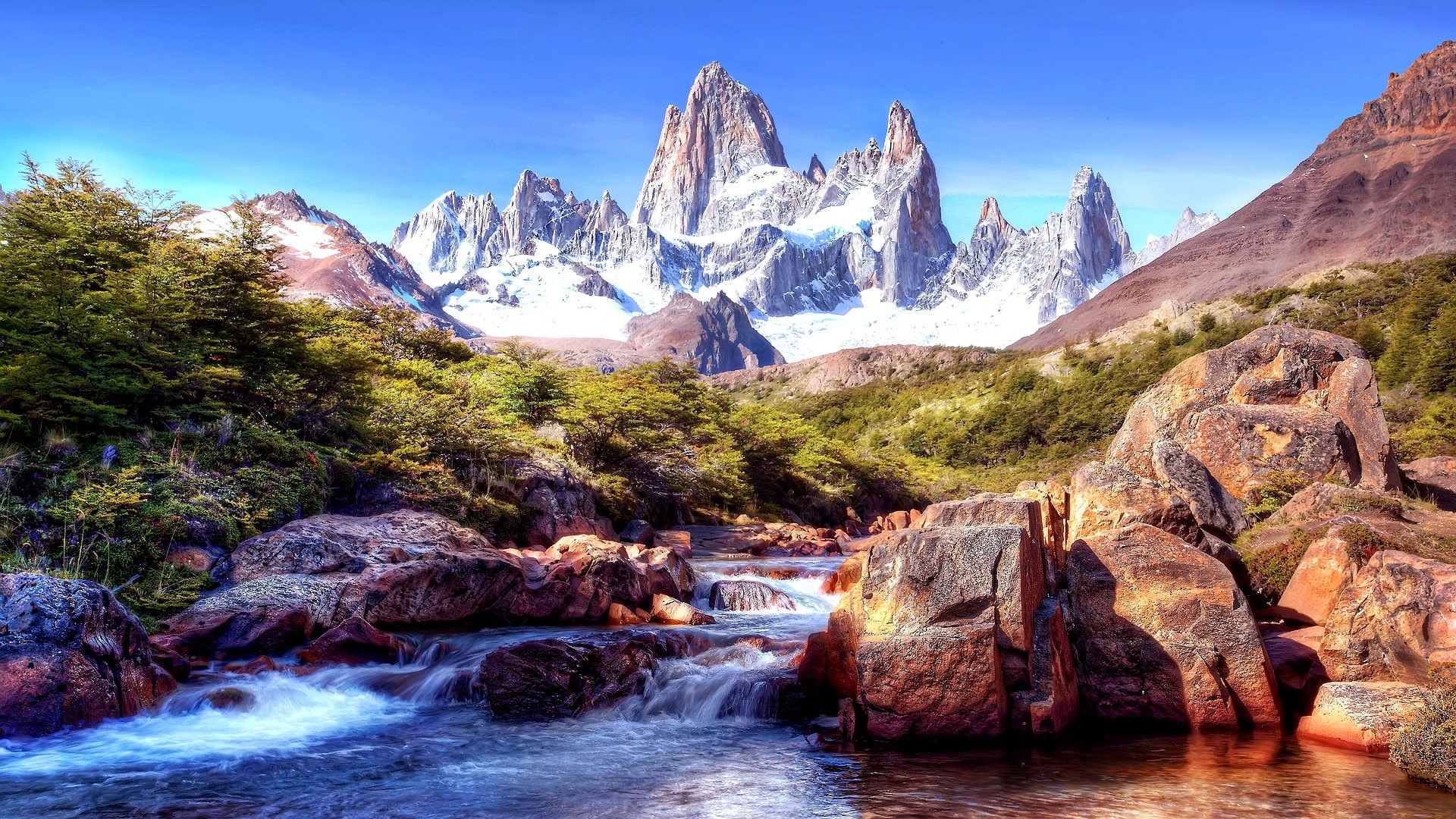 landscape, cerro fitzroy, cerro chaltén, national park, peaks, peak, wilderness, los glaciares national park, patagonia, rocky mountain, river, monte fitz roy, HD Wallpaper