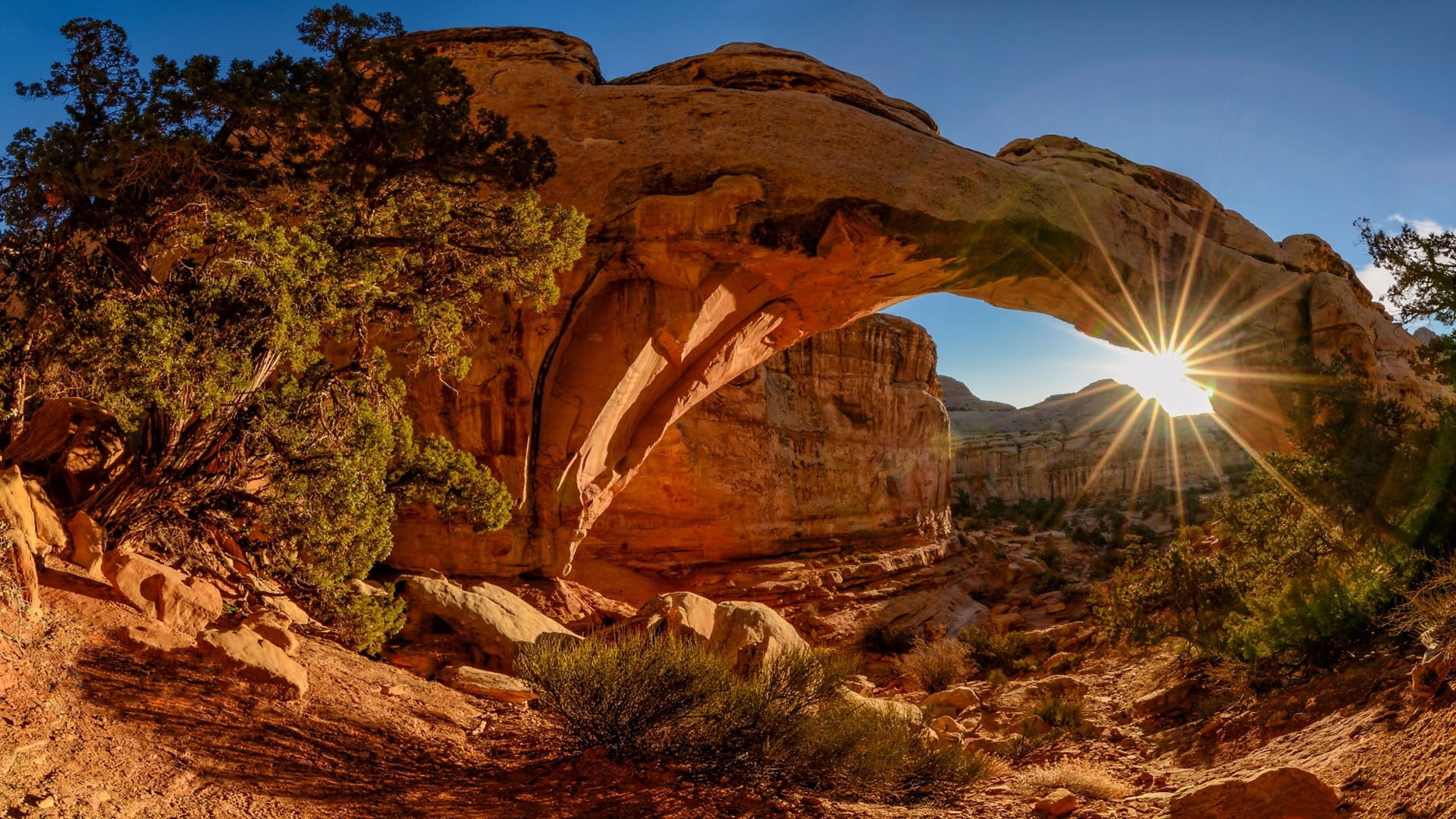 stone, landscape, utah, rays, bridge, arches, national, sunset, desktop, usa, park, 1080P, arch, HD Wallpaper